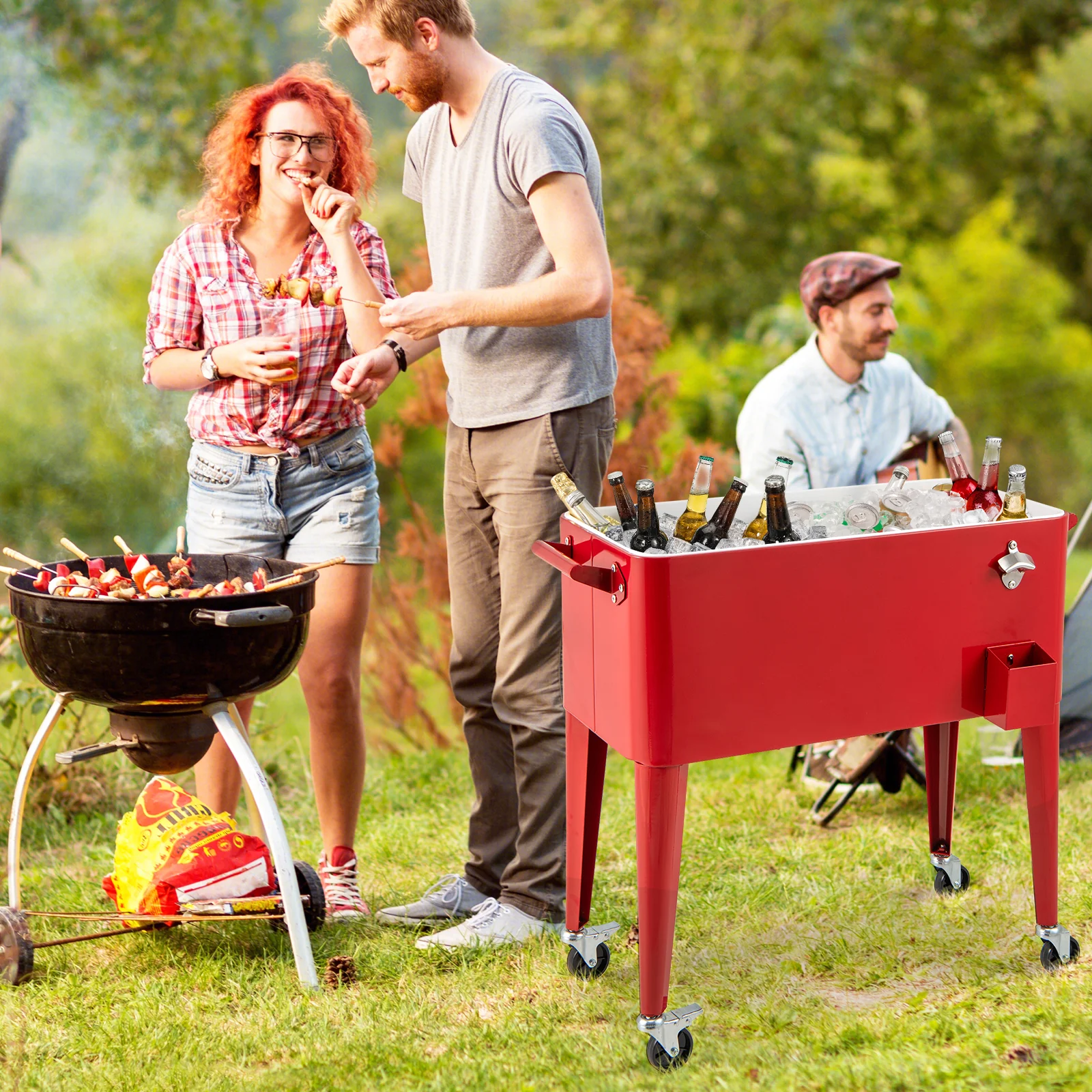 Red Portable Outdoor Patio Cooler Cart, Red - Image 3