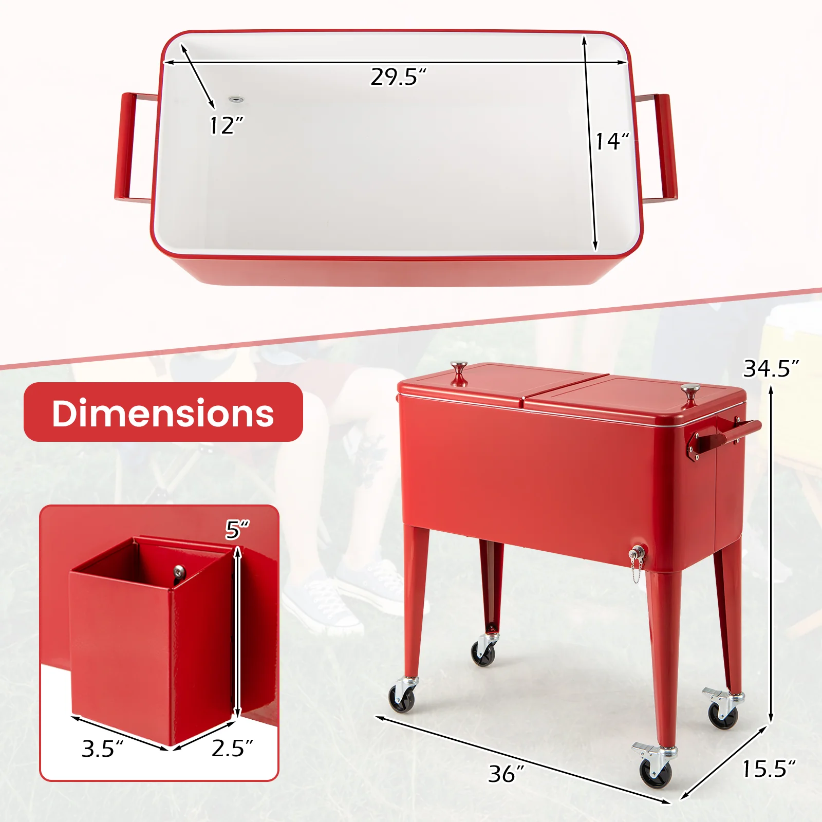 Red Portable Outdoor Patio Cooler Cart, Red - Image 6