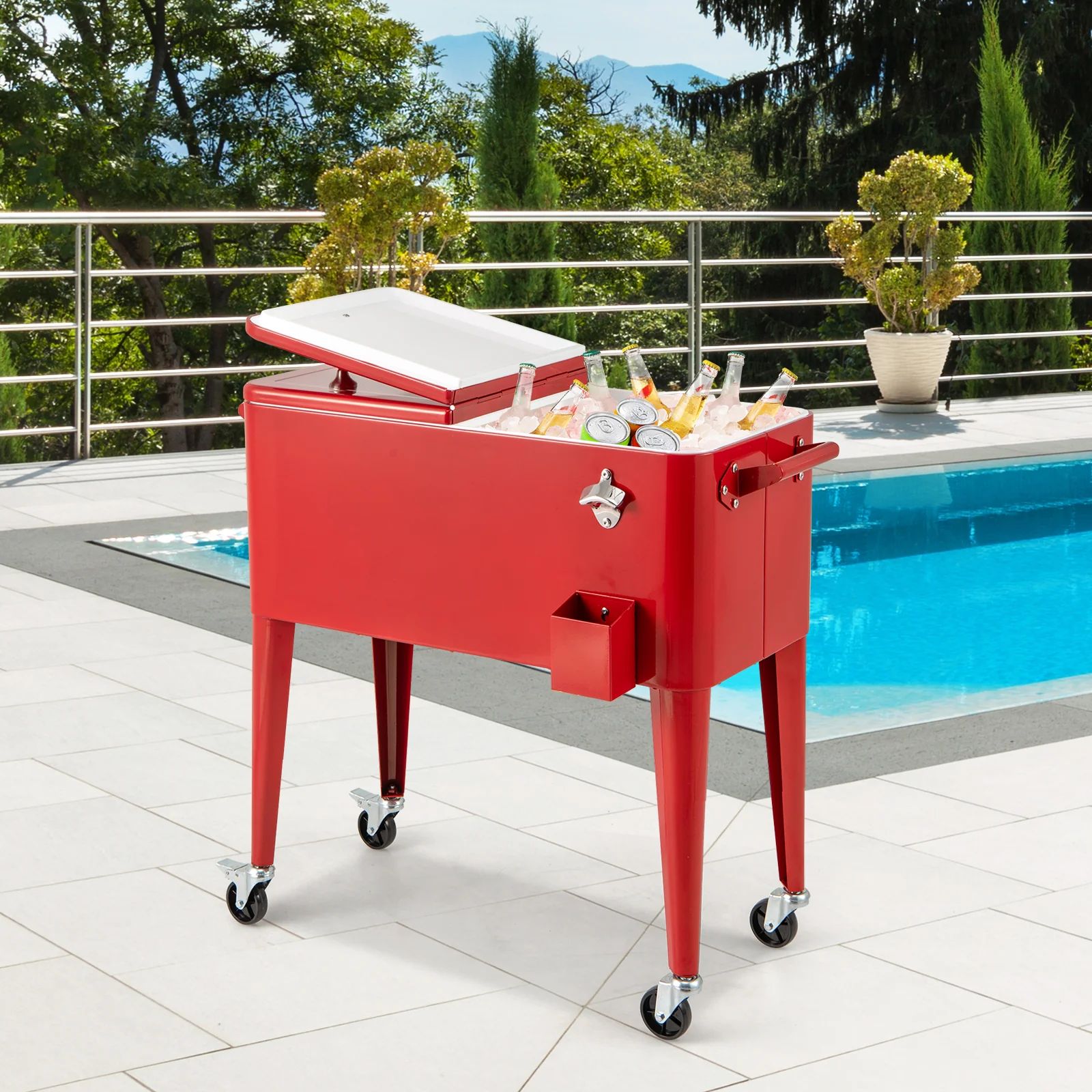 Red Portable Outdoor Patio Cooler Cart, Red - Image 7