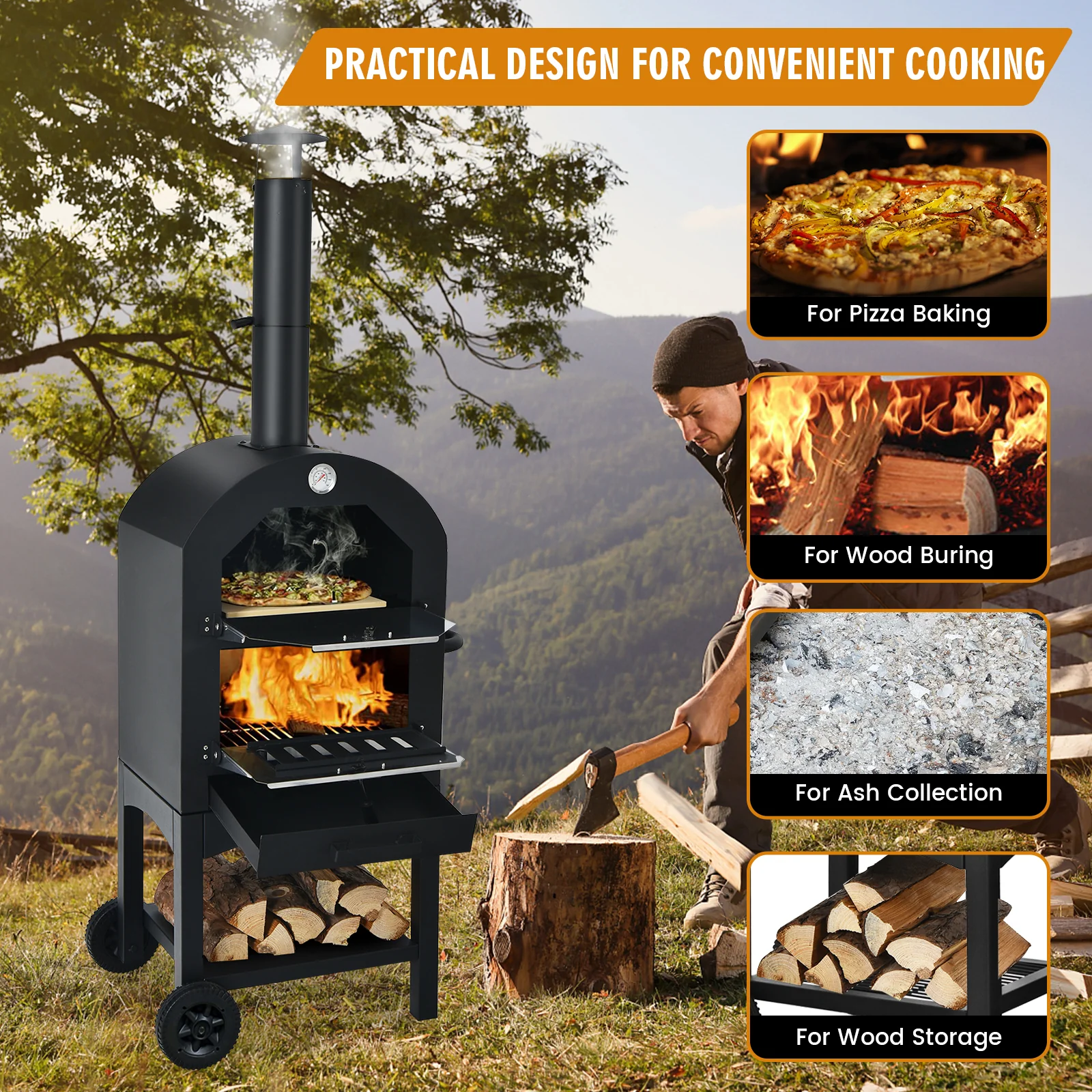 Portable Outdoor Pizza Oven With Pizza Stone, Waterproof Cover, Black - Image 8