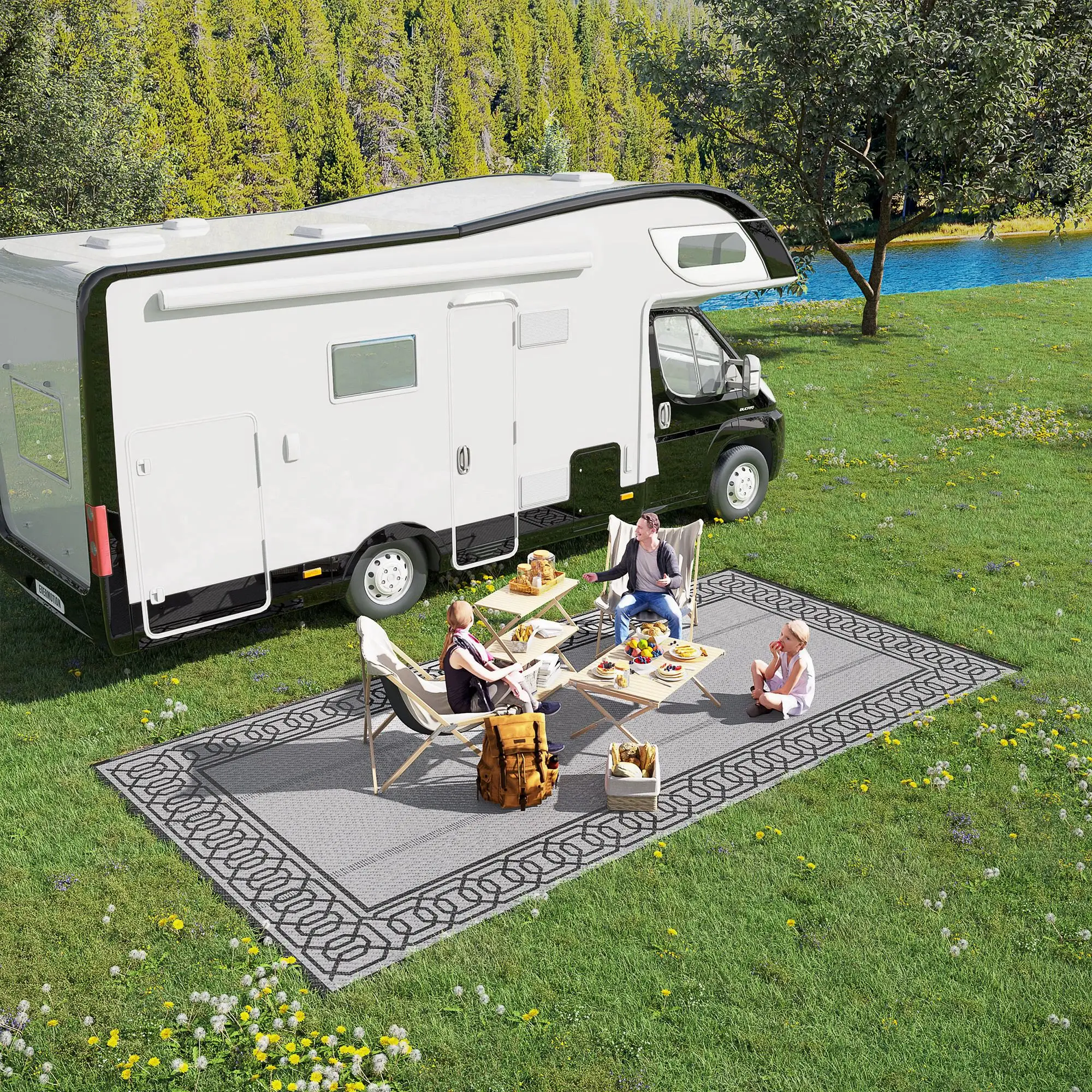 Portable Outdoor Rug, 9' x 18', Waterproof, Reversible, Black and Grey - Image 2