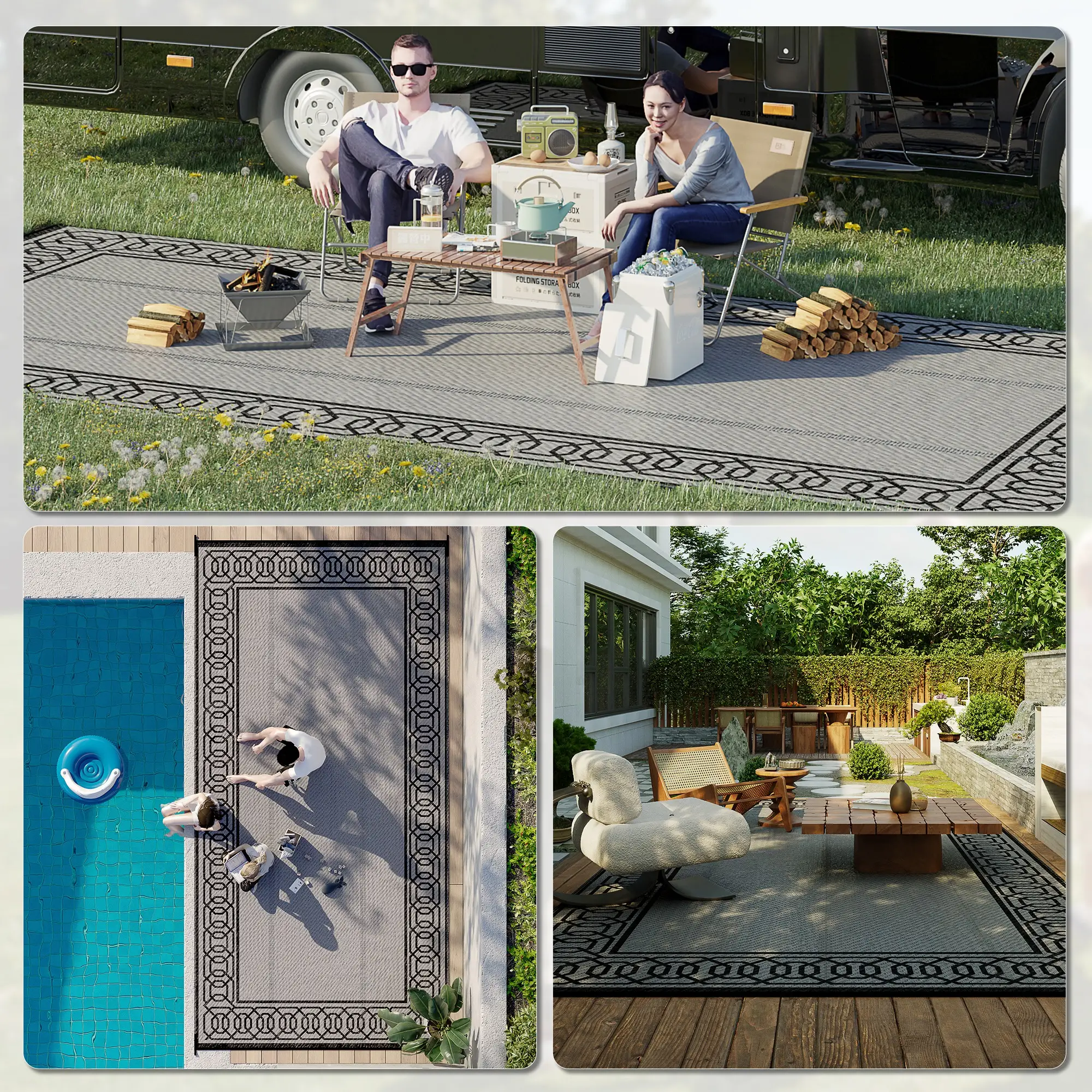 Portable Outdoor Rug, 9' x 18', Waterproof, Reversible, Black and Grey - Image 5