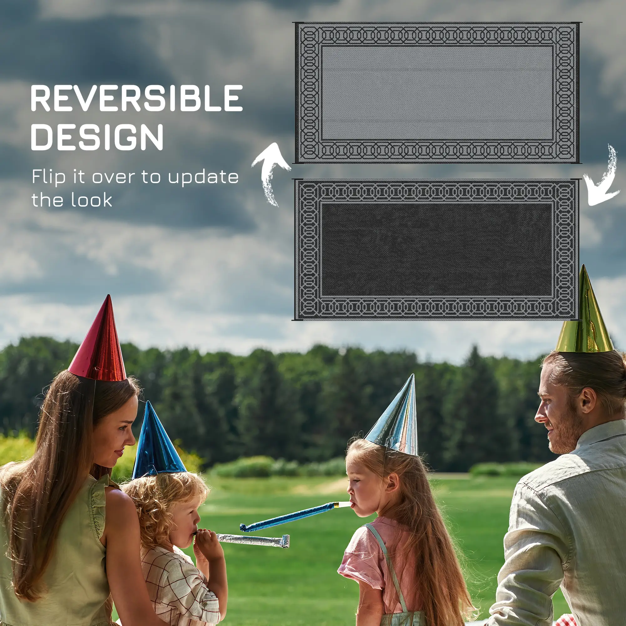 Portable Outdoor Rug, 9' x 18', Waterproof, Reversible, Black and Grey - Image 6