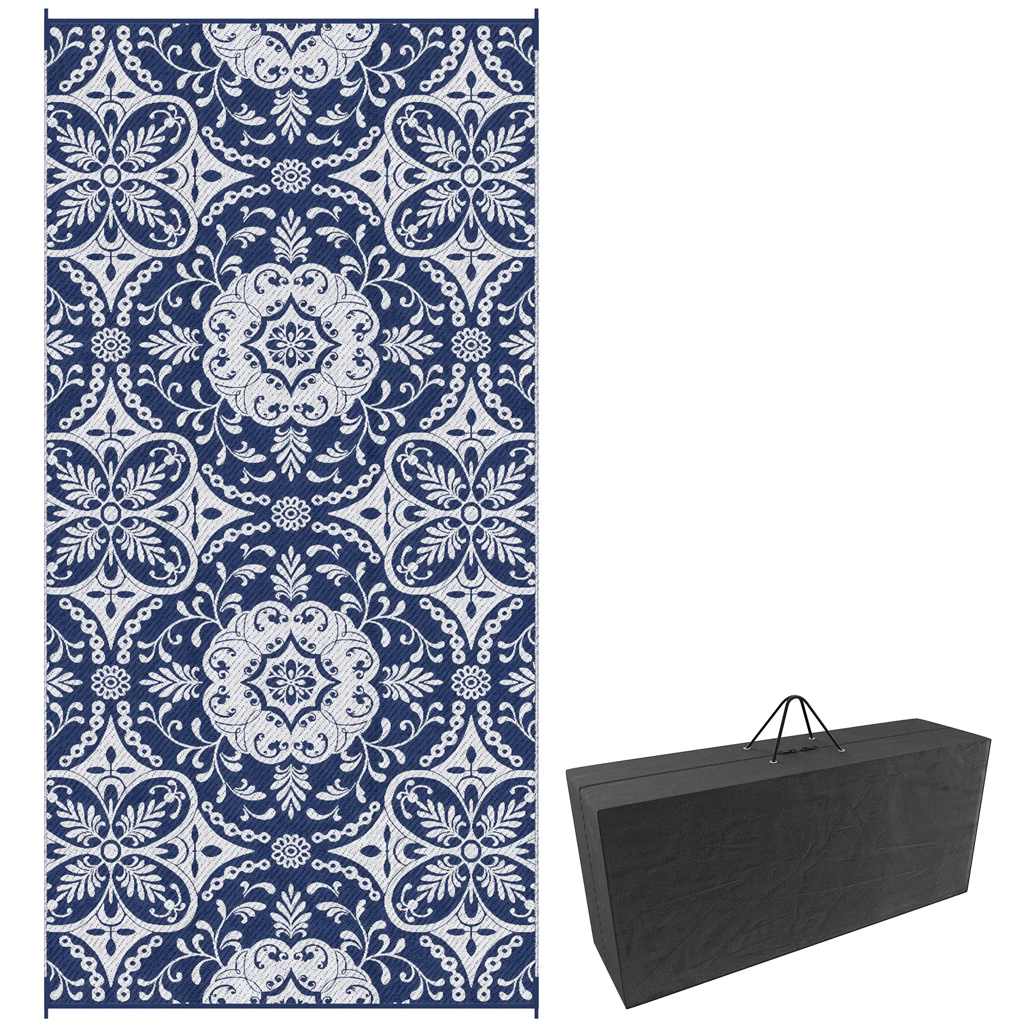 Portable Outdoor Rug, 9' x 18', Waterproof, White Flower, Blue