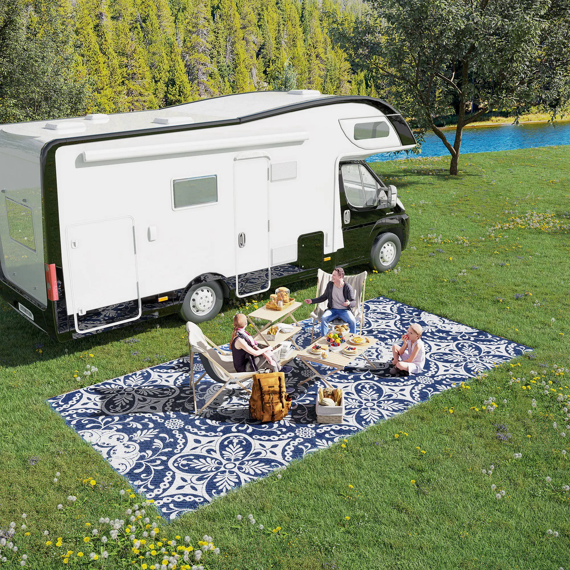 Portable Outdoor Rug, 9' x 18', Waterproof, White Flower, Blue - Image 2