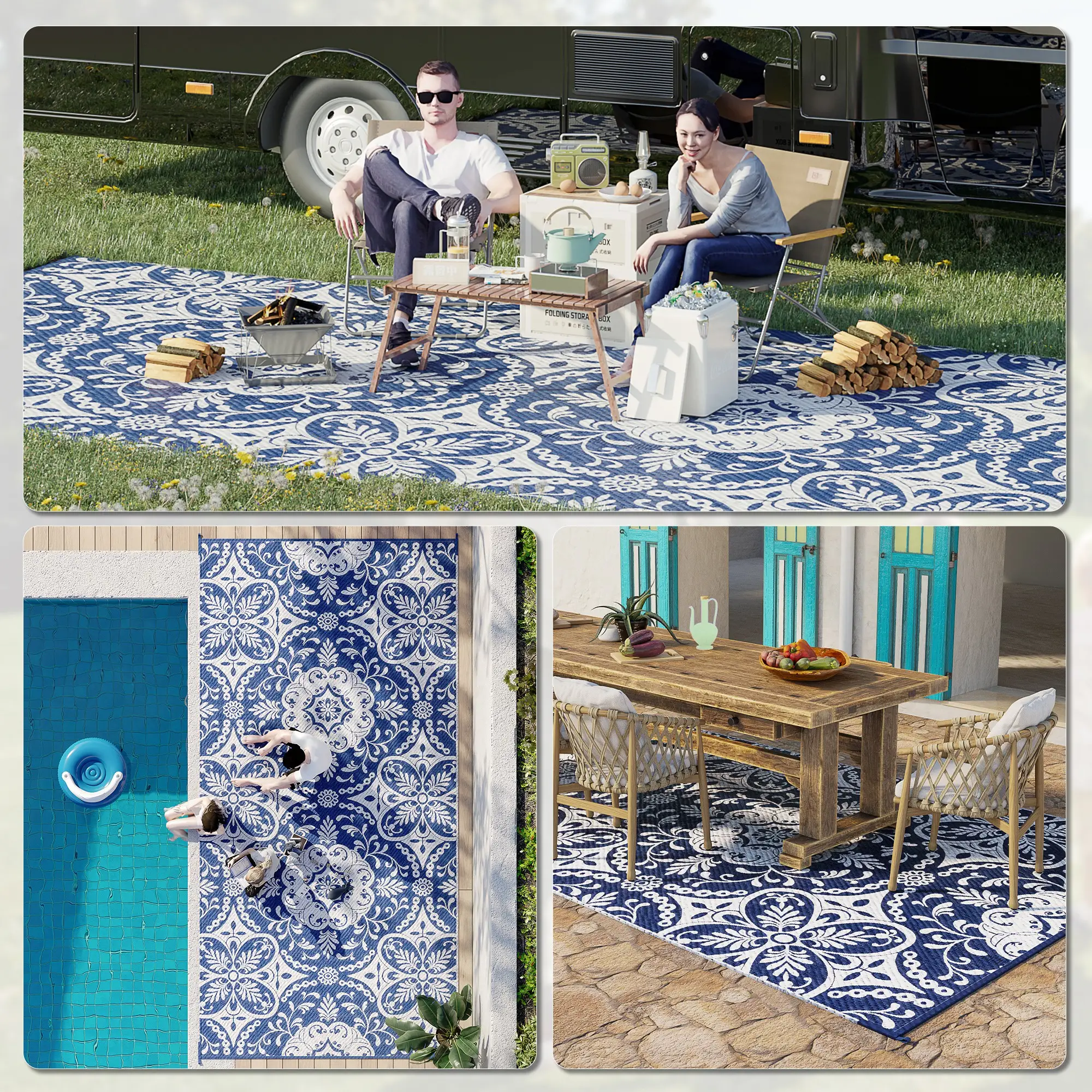 Portable Outdoor Rug, 9' x 18', Waterproof, White Flower, Blue - Image 5