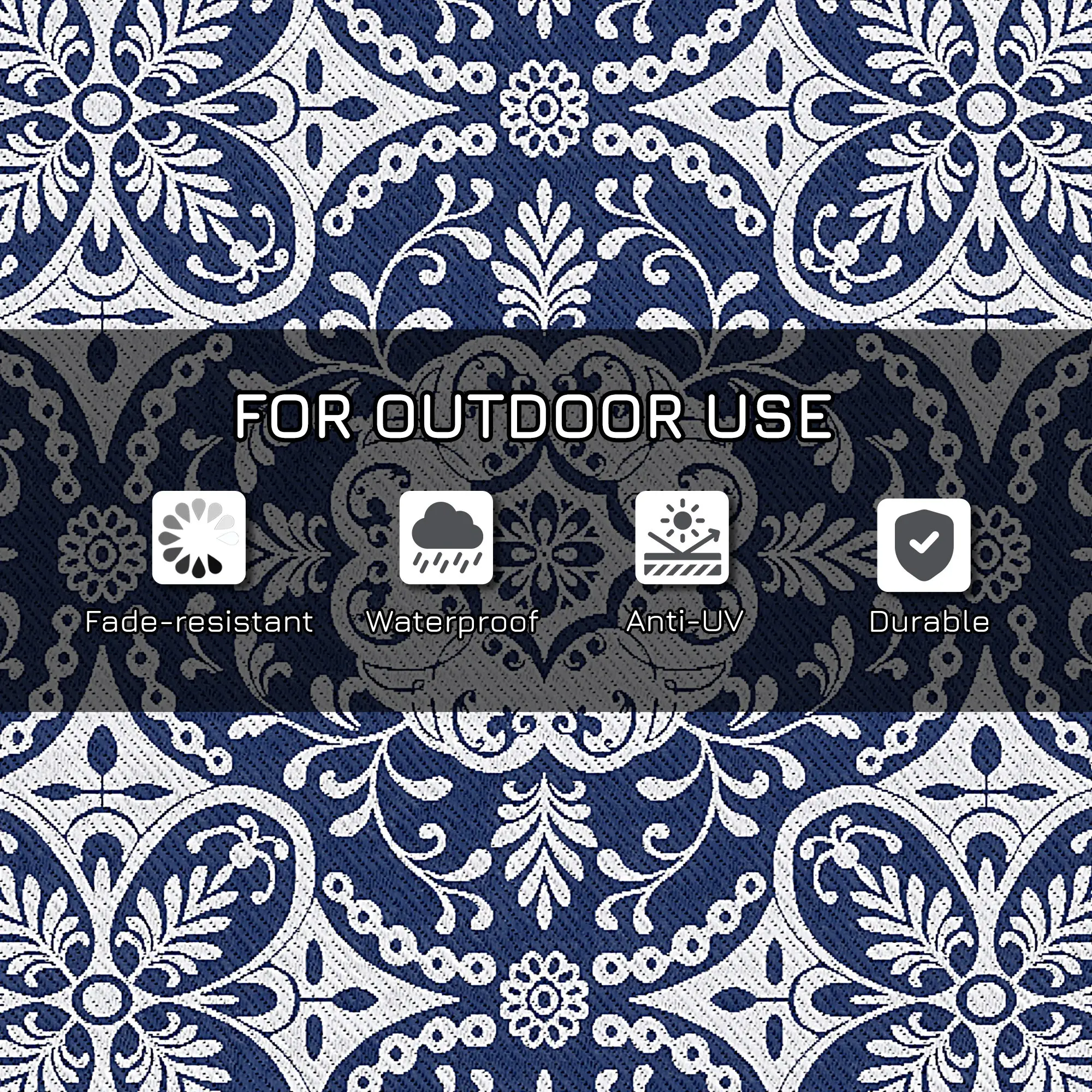 Portable Outdoor Rug, 9' x 18', Waterproof, White Flower, Blue - Image 6