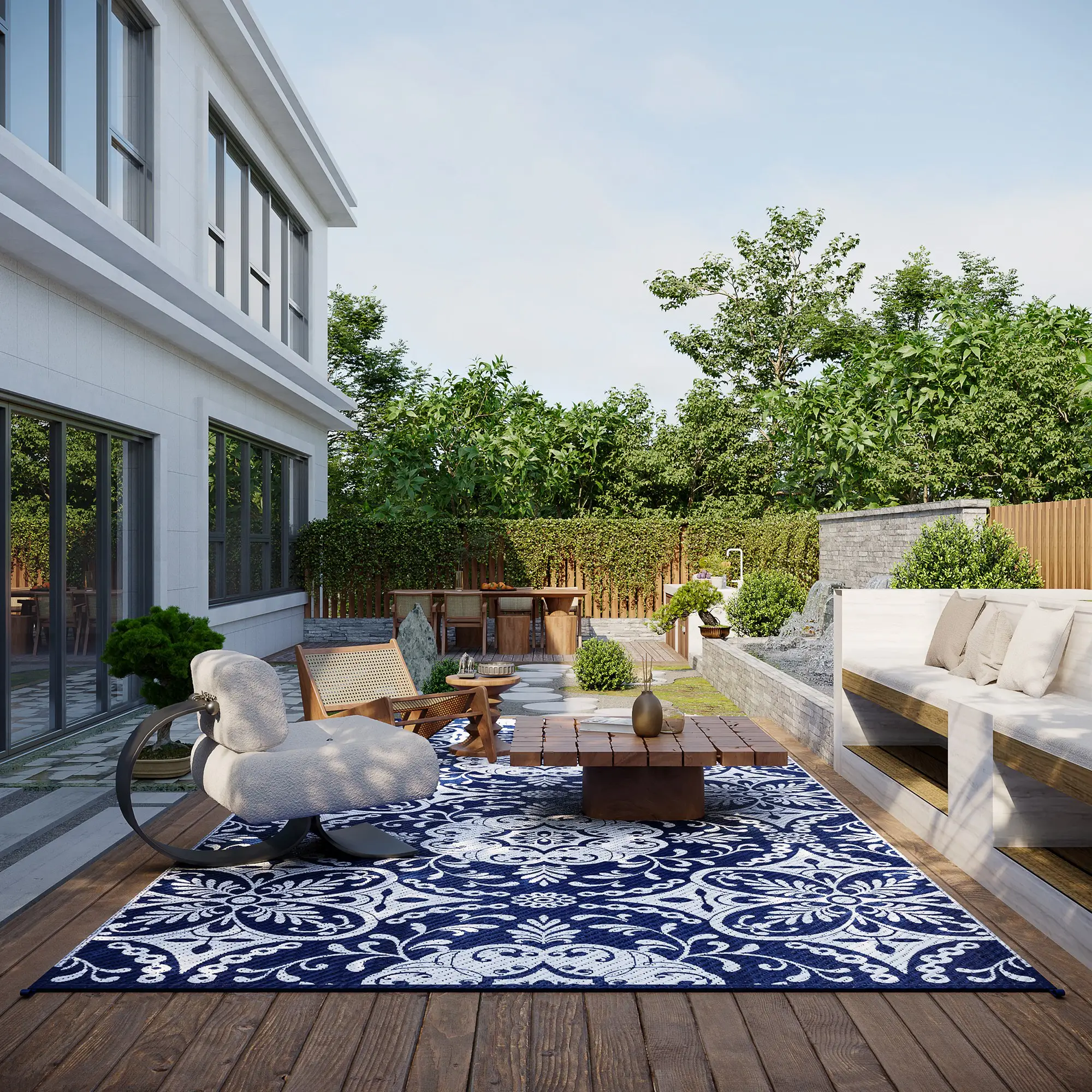 Portable Outdoor Rug, 9' x 18', Waterproof, White Flower, Blue - Image 8