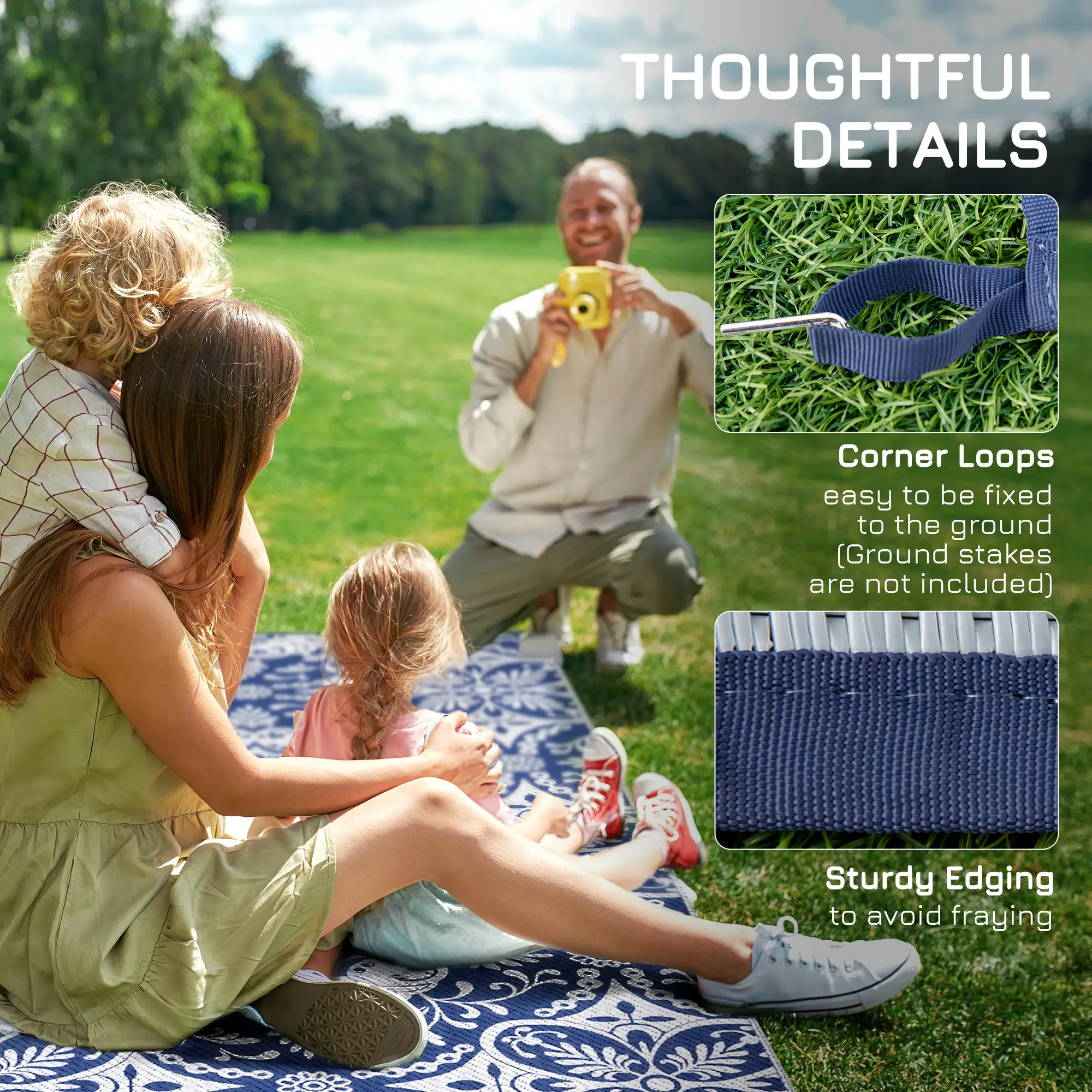 Portable Outdoor Rug, 9' x 18', Waterproof, White Flower, Blue - Image 9