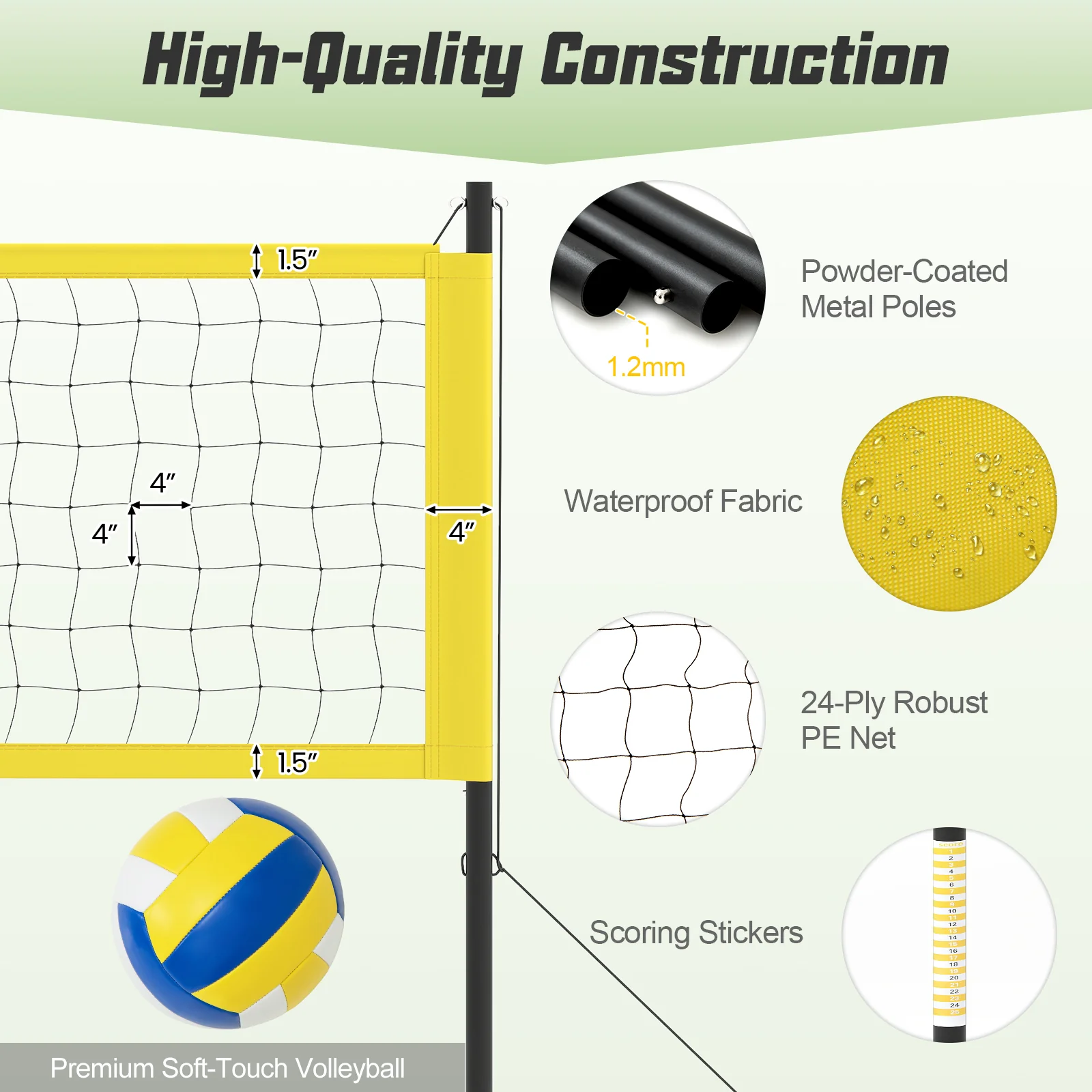 Portable Outdoor Volleyball Net Set, Heavy-Duty, Yellow - Image 5