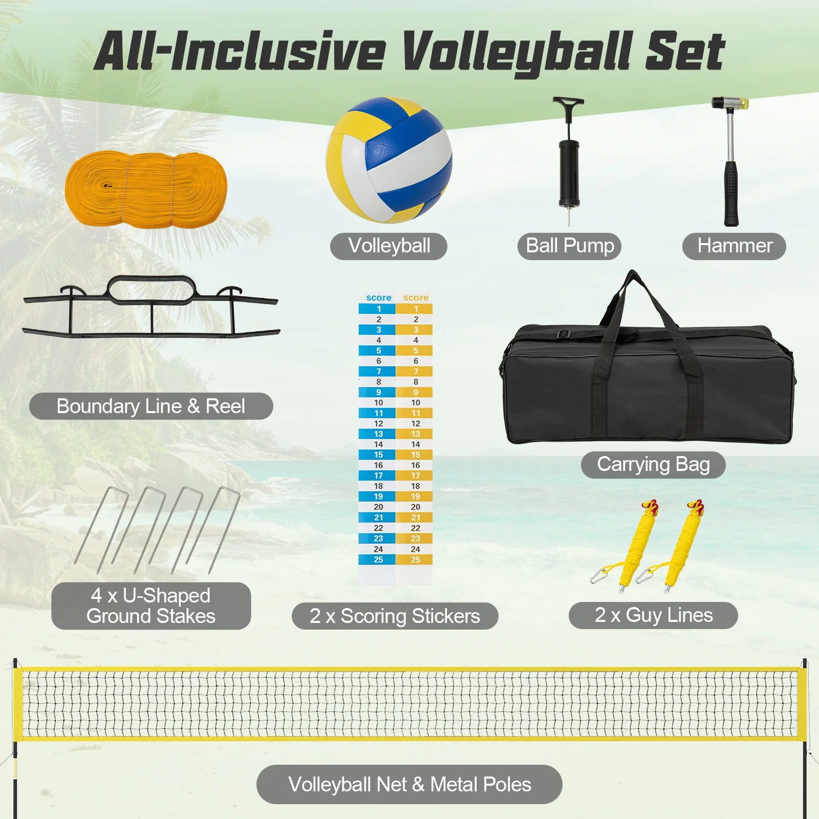 Portable Outdoor Volleyball Net Set, Heavy-Duty, Yellow - Image 8