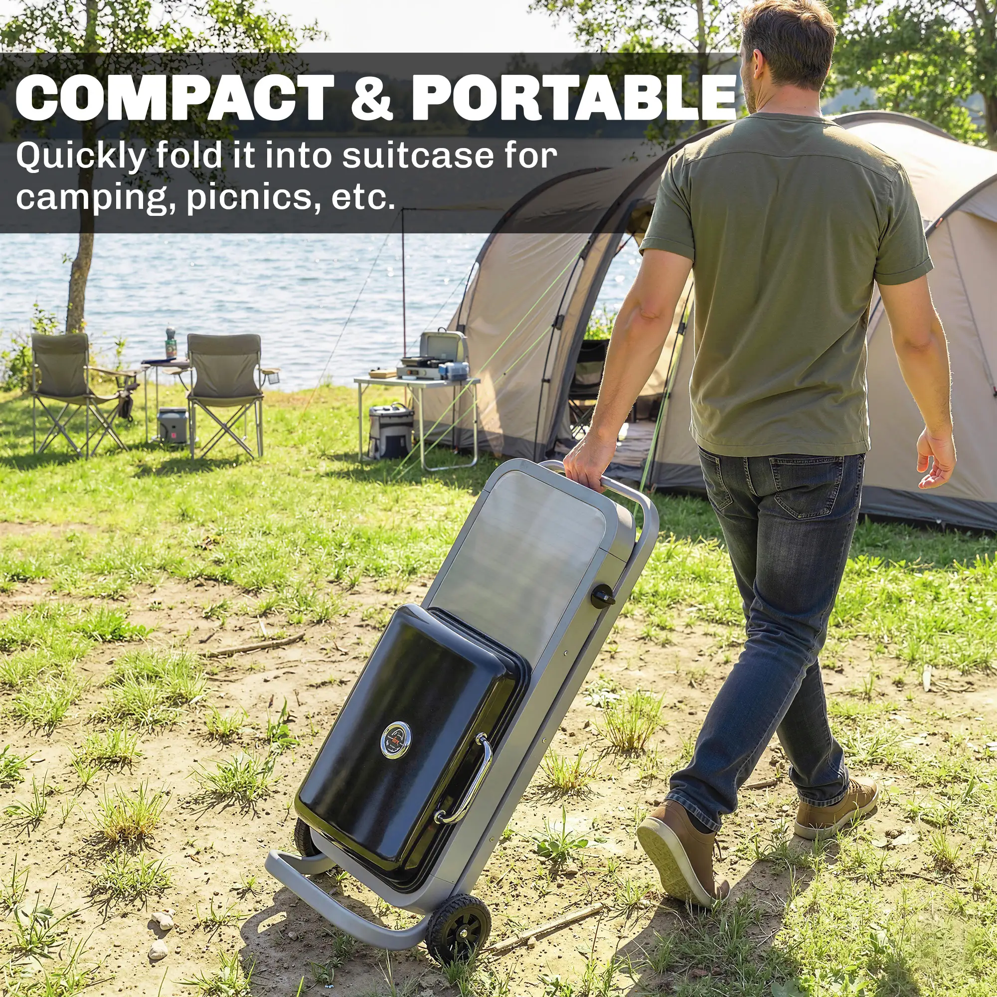 Portable Propane BBQ Grill, Foldable Cart, 9500 BTU, Black - Image 4