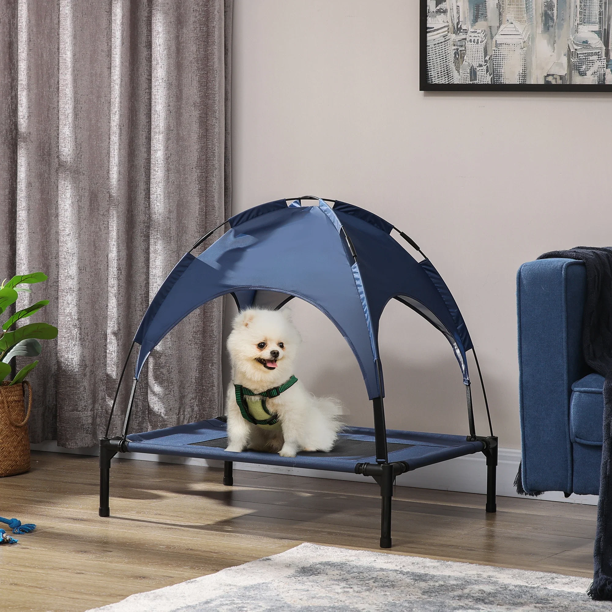Portable Raised Dog Cot with Canopy, Medium Size, Dark Blue - Image 2