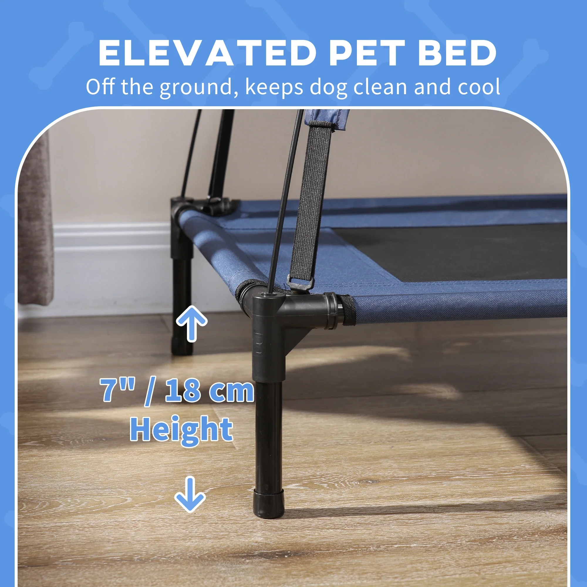 Portable Raised Dog Cot with Canopy, Medium Size, Dark Blue - Image 7