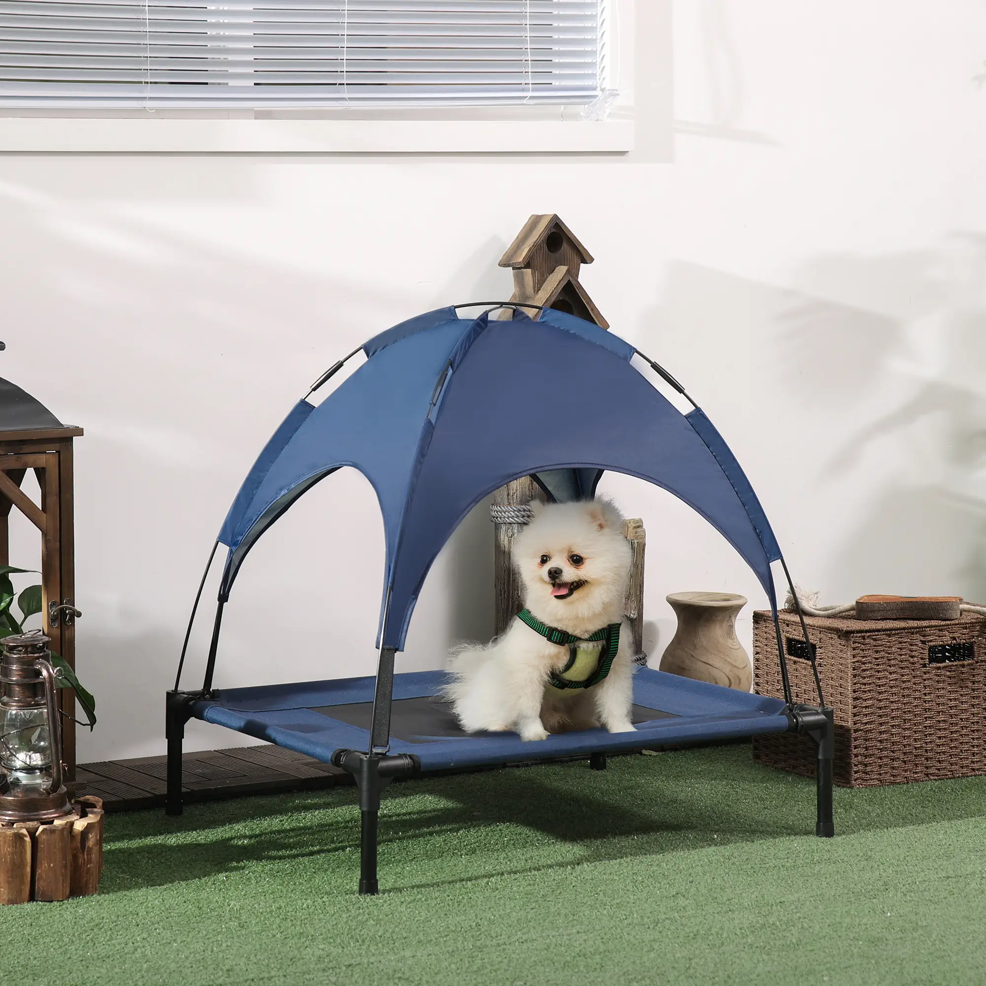 Portable Raised Dog Cot with Canopy, Medium Size, Dark Blue - Image 8