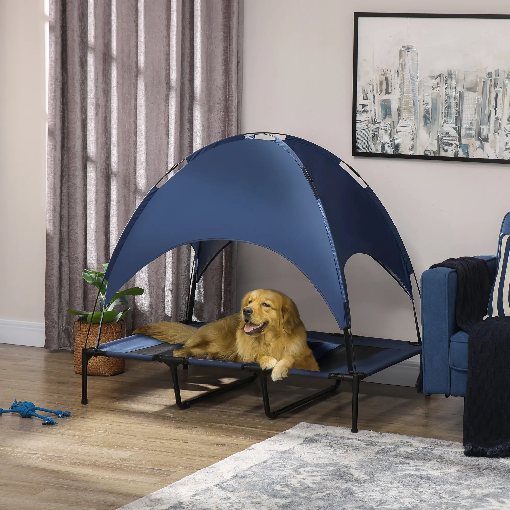 Portable Raised Dog Cot with Canopy, XL Size, Dark Blue - Image 2