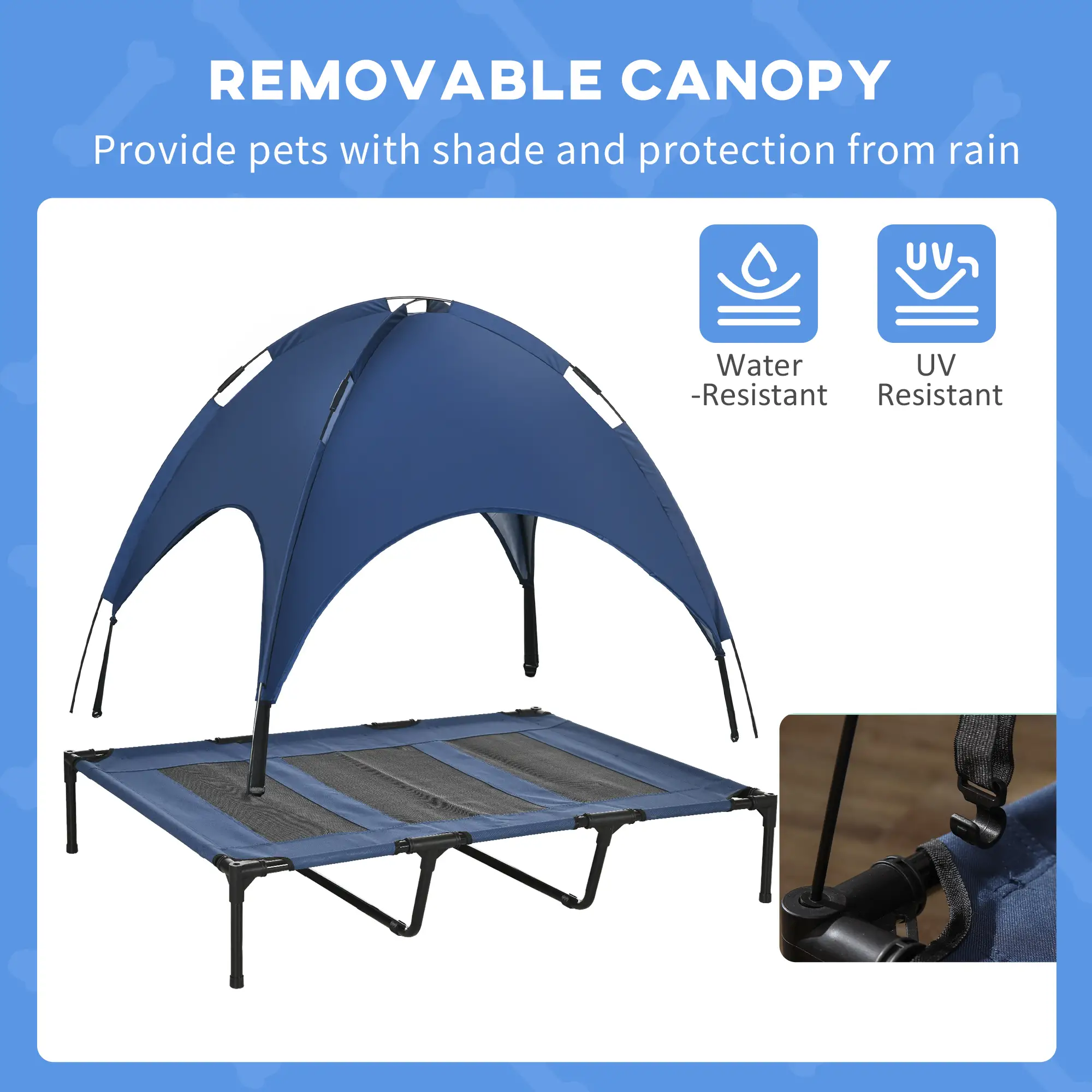 Portable Raised Dog Cot with Canopy, XL Size, Dark Blue - Image 6