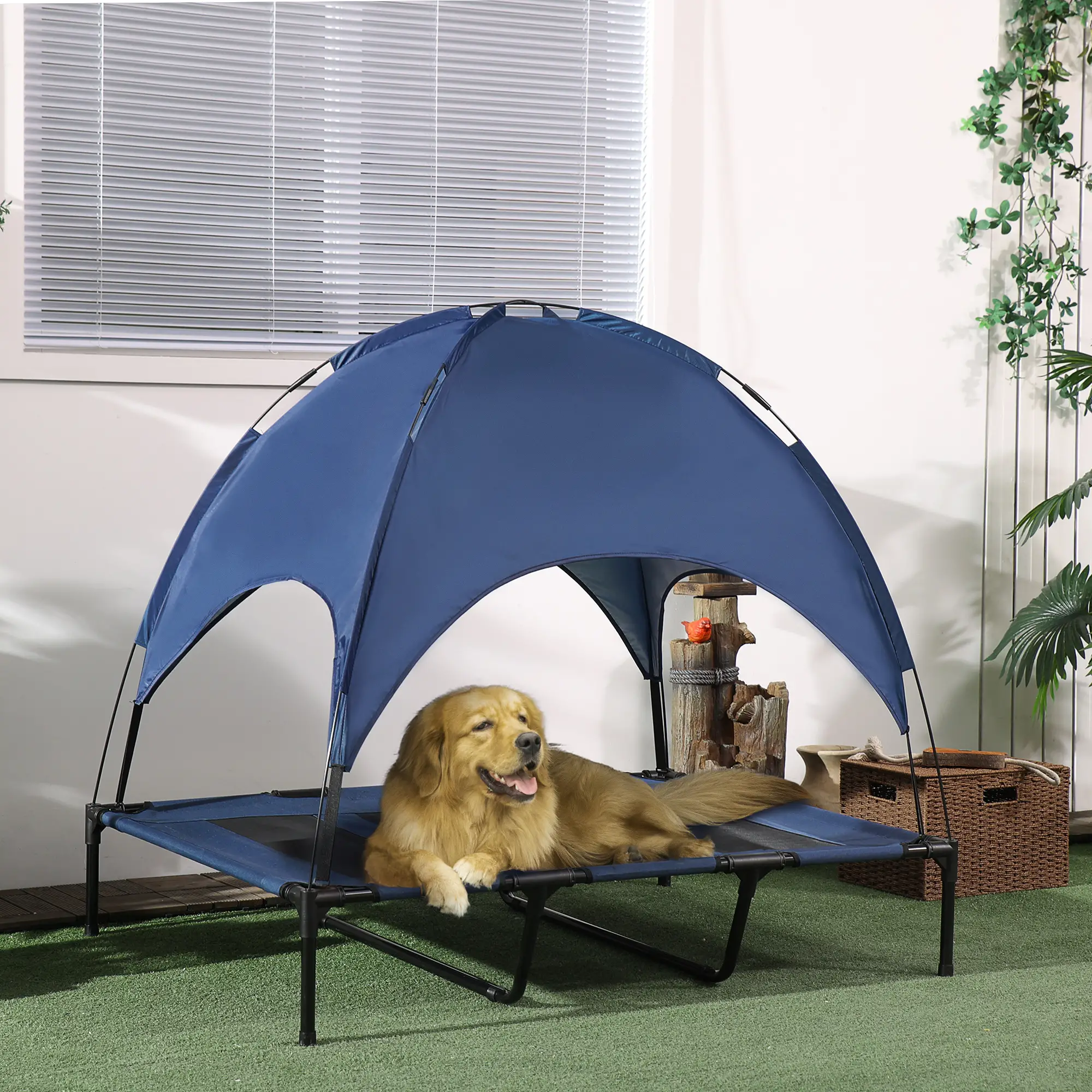 Portable Raised Dog Cot with Canopy, XL Size, Dark Blue - Image 8