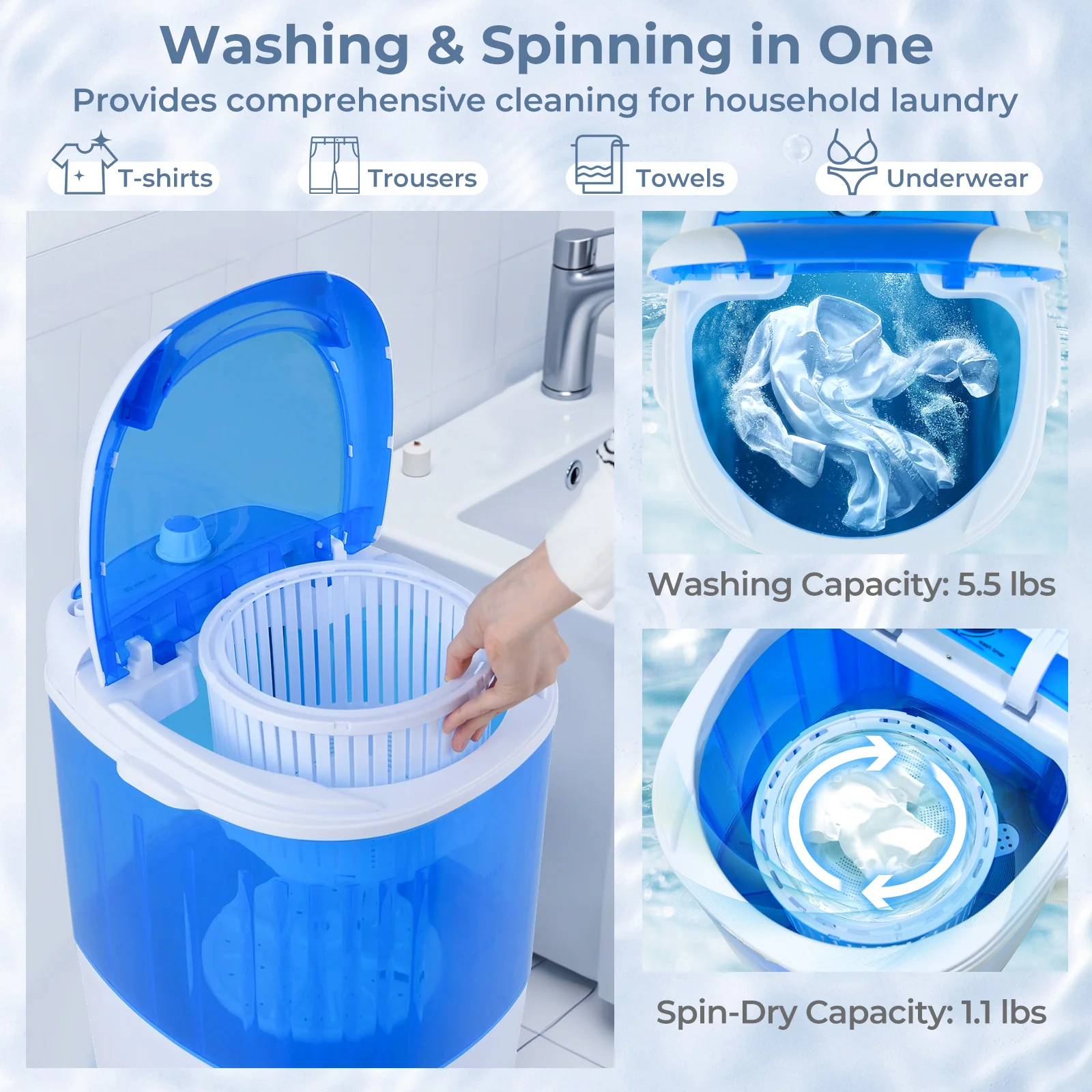 Portable Semi Auto Washing Machine, 5.5 lbs, Blue - Image 8