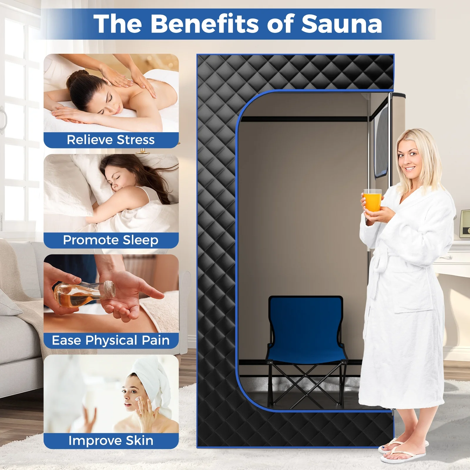 Portable Steam Sauna, 3L Steam Generator, Remote Control, Wood Foot Massager, Foldable Chair, Black - Image 10