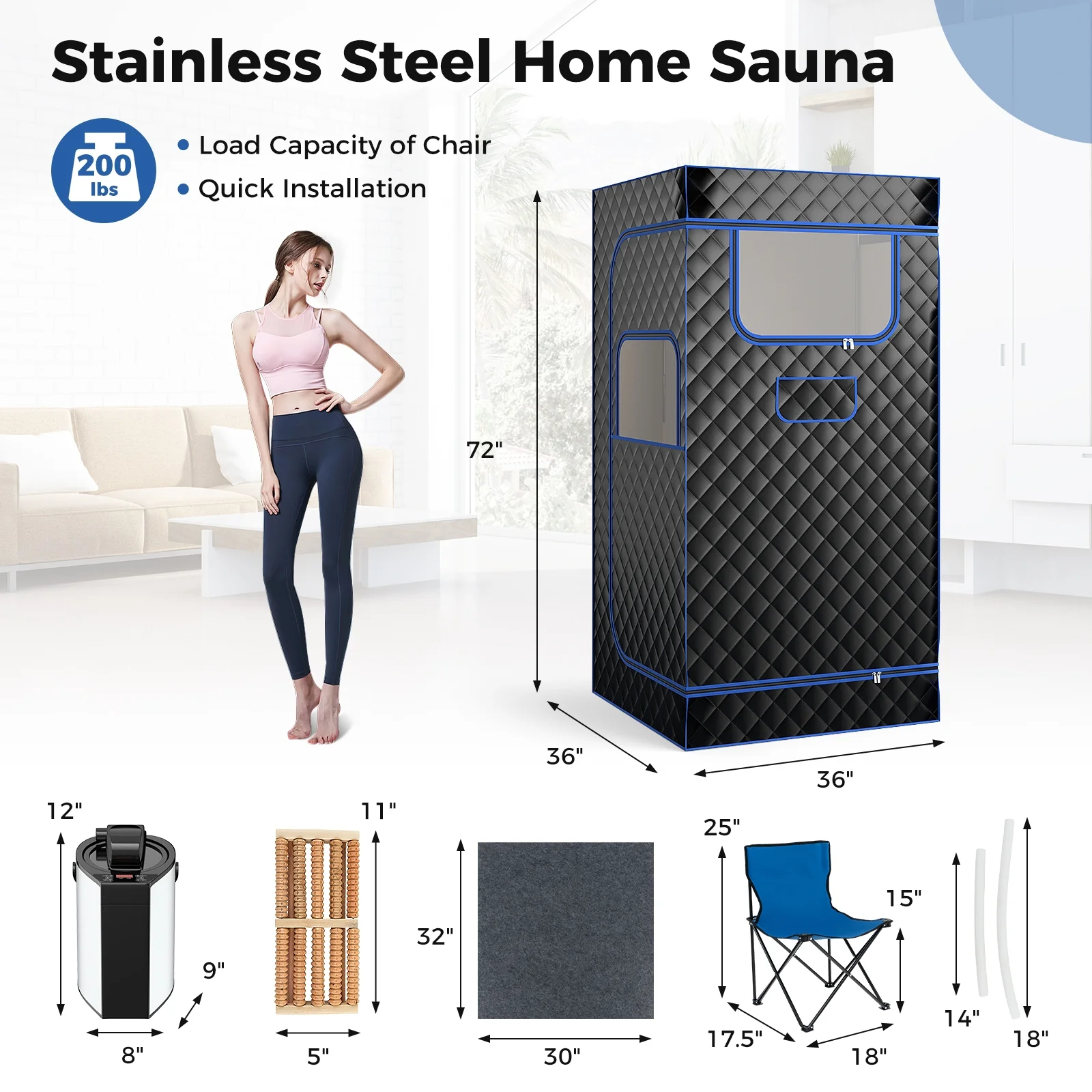Portable Steam Sauna, 3L Steam Generator, Remote Control, Wood Foot Massager, Foldable Chair, Black - Image 5