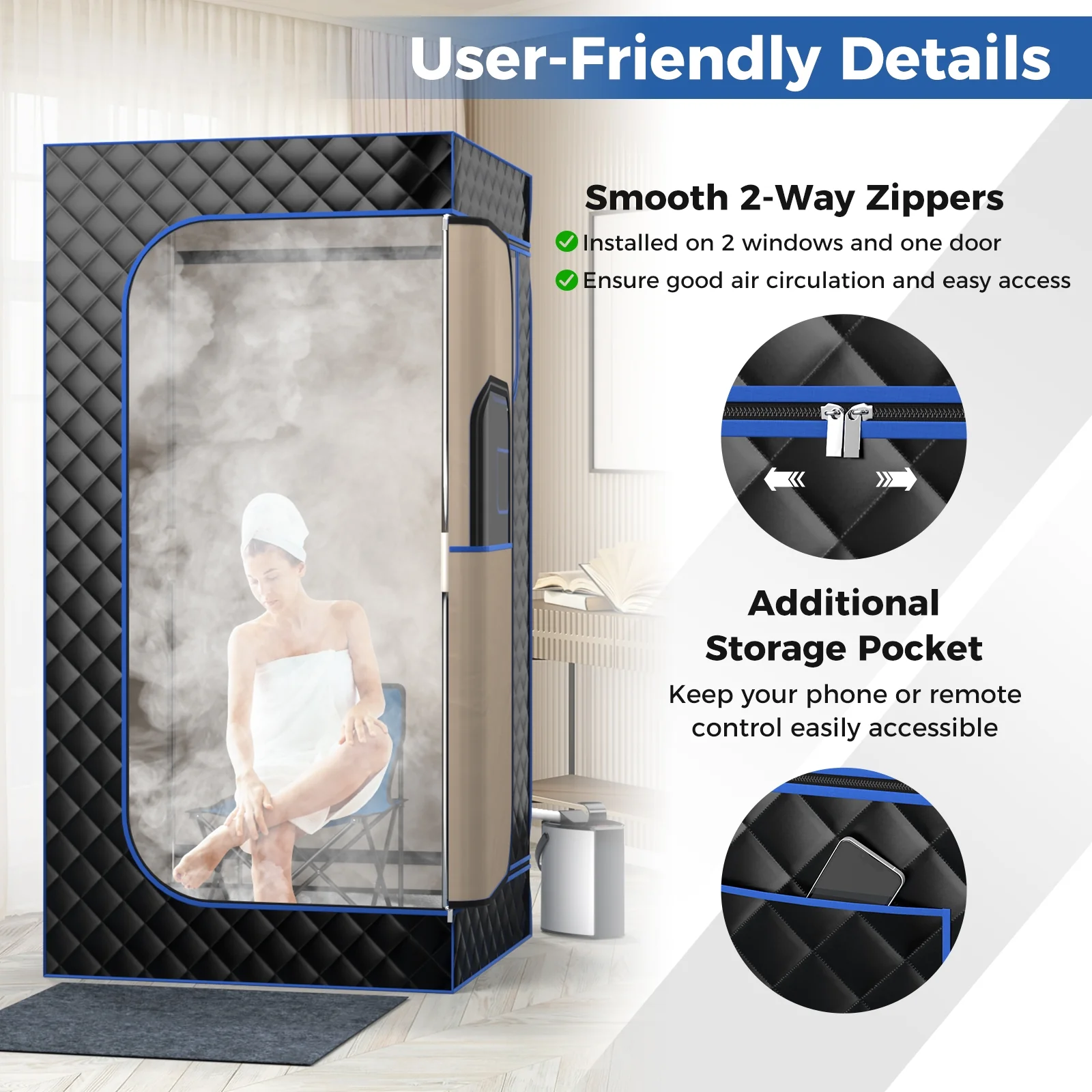 Portable Steam Sauna, 3L Steam Generator, Remote Control, Wood Foot Massager, Foldable Chair, Black - Image 6