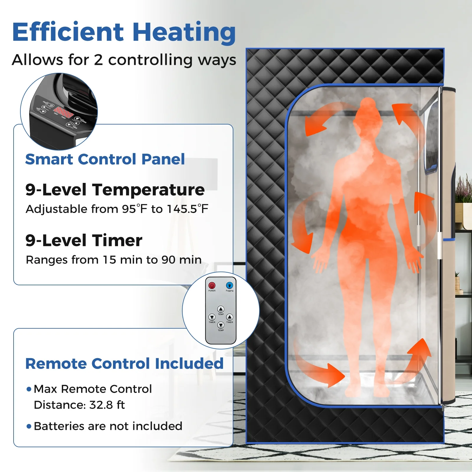 Portable Steam Sauna, 3L Steam Generator, Remote Control, Wood Foot Massager, Foldable Chair, Black - Image 7