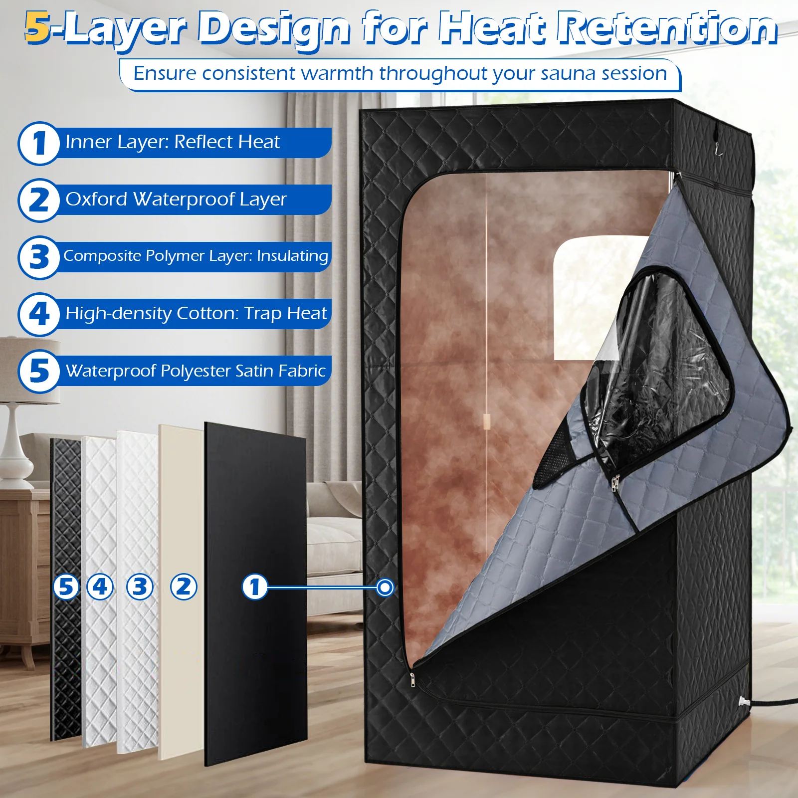 Portable Steam Sauna Box with 3L/1200W Fast-Heat Steamer and 15-Level Temperature, Black - Image 9
