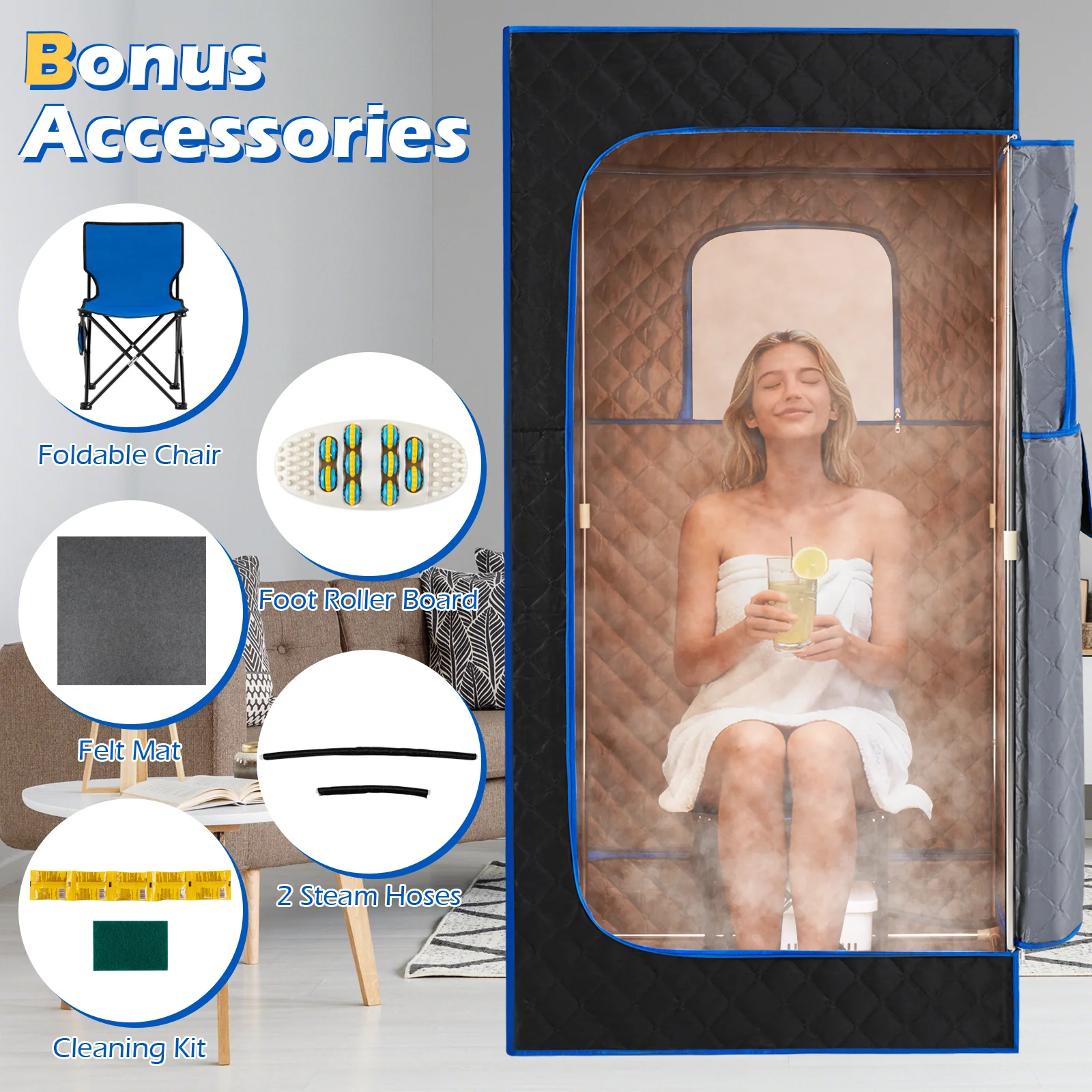 Portable Steam Sauna Box with 3L/1200W Fast-Heat Steamer and 15-Level Temperature, Blue - Image 10
