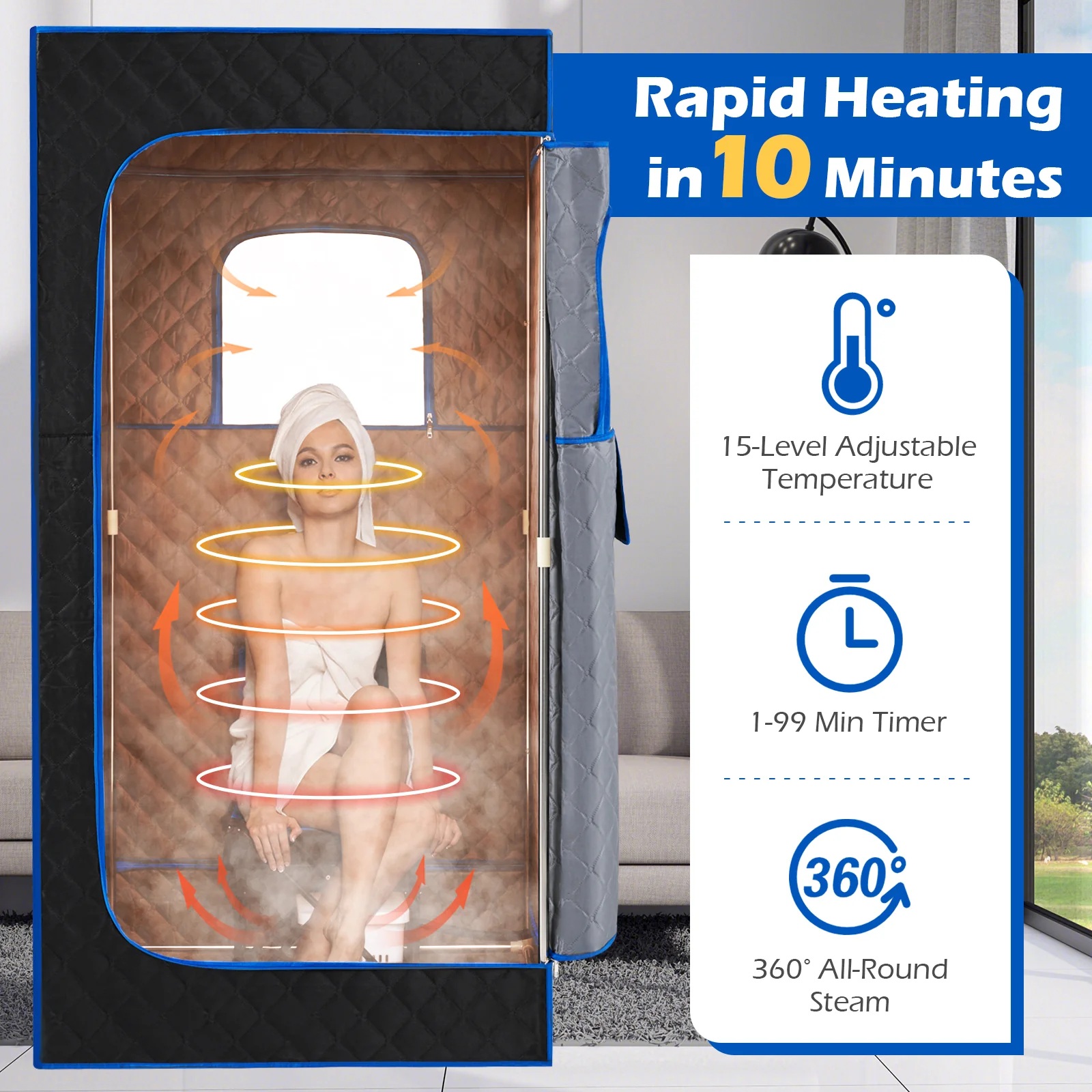 Portable Steam Sauna Box with 3L/1200W Fast-Heat Steamer and 15-Level Temperature, Blue - Image 7