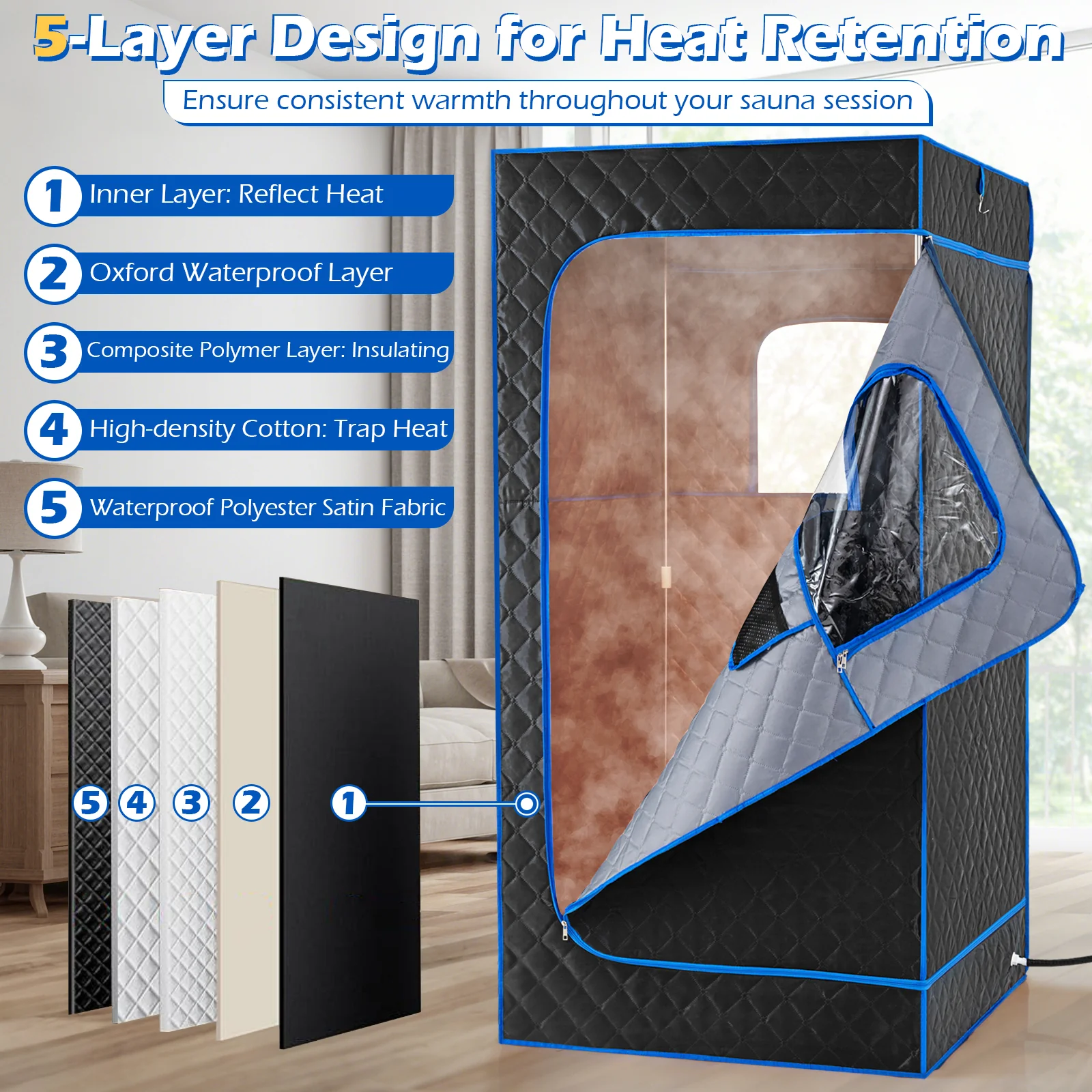 Portable Steam Sauna Box with 3L/1200W Fast-Heat Steamer and 15-Level Temperature, Blue - Image 9