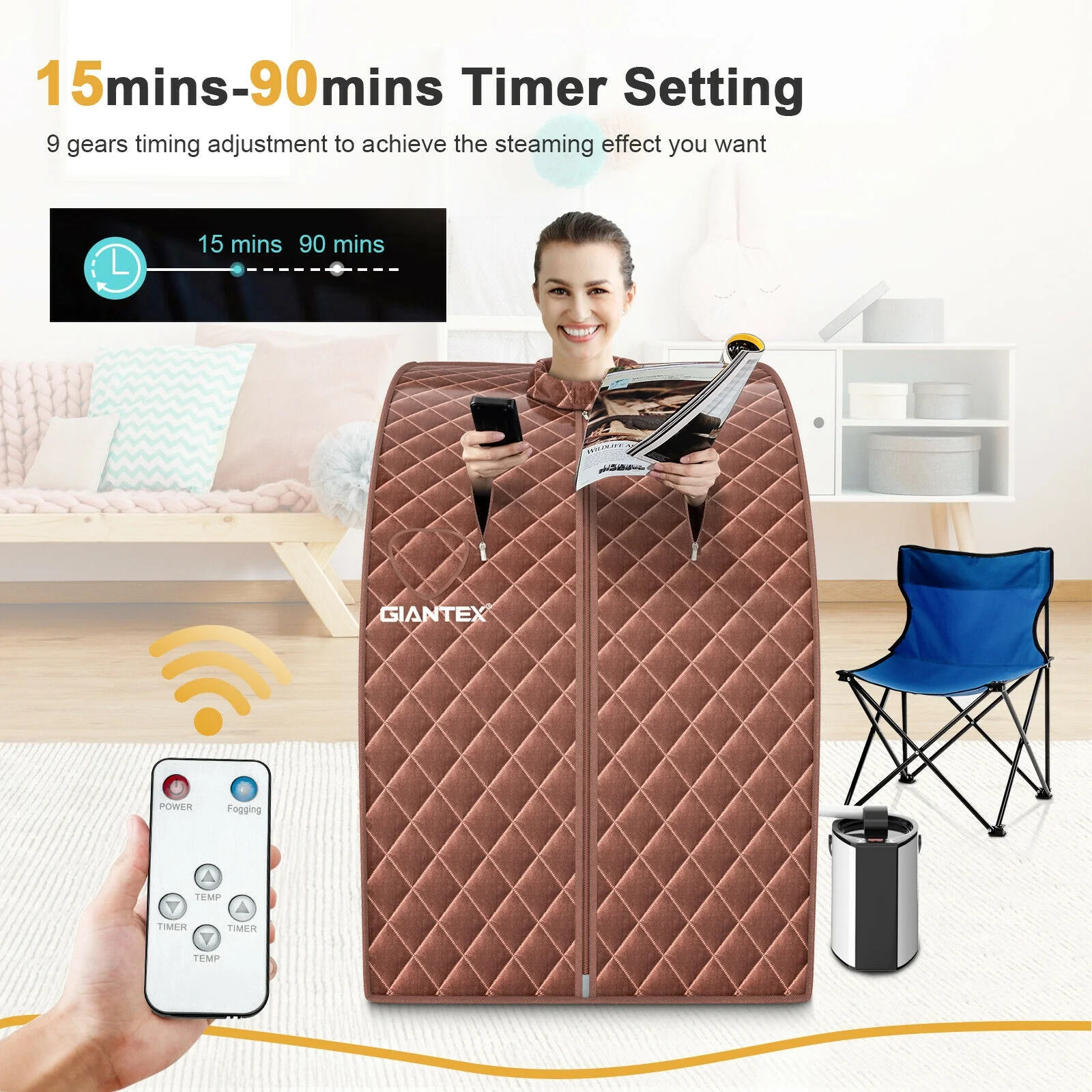 Portable Steam Sauna Spa, 3L Blast-Proof Steamer Chair, Coffee - Image 3