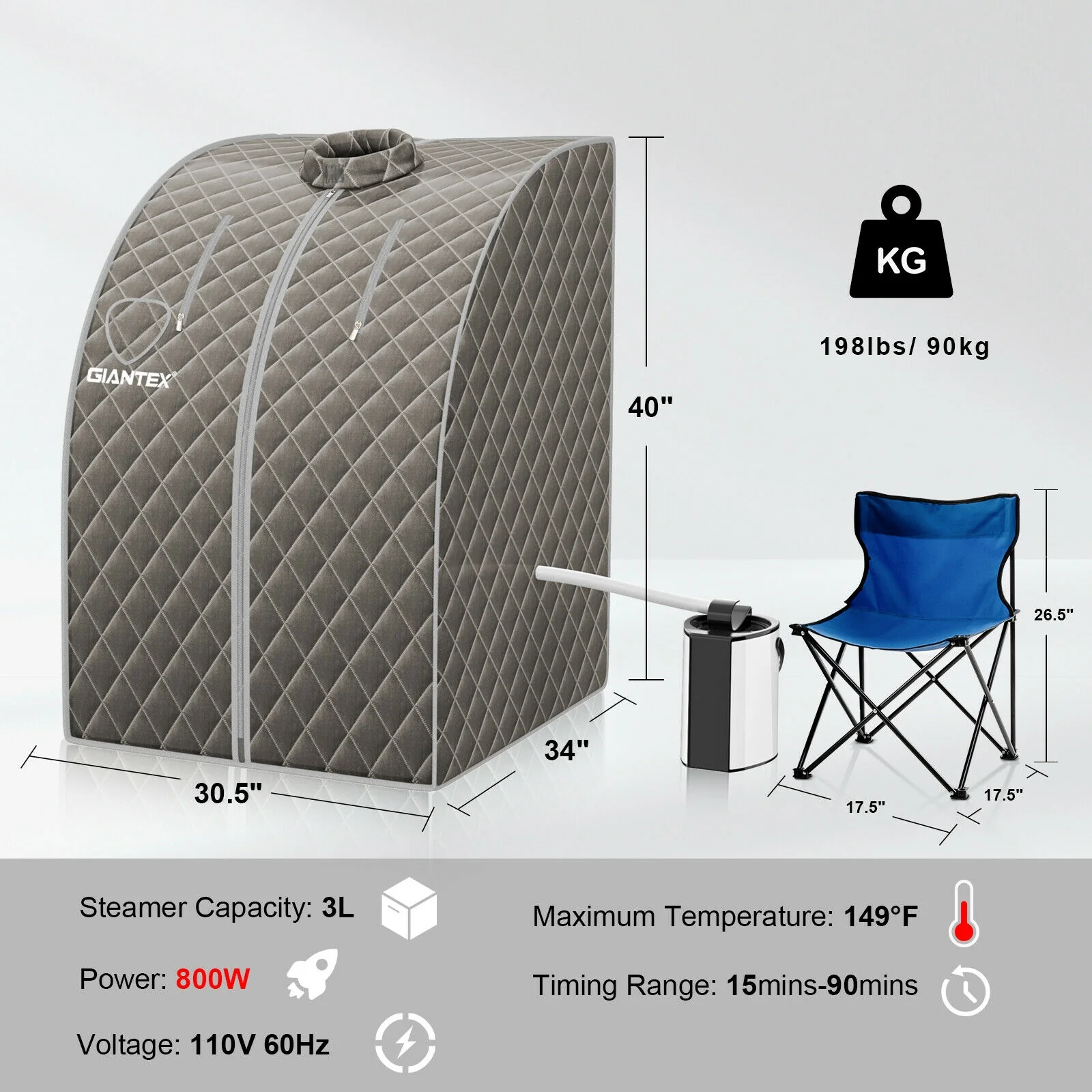 Portable Steam Sauna Spa, 3L Blast-Proof Steamer Chair, Gray - Image 5
