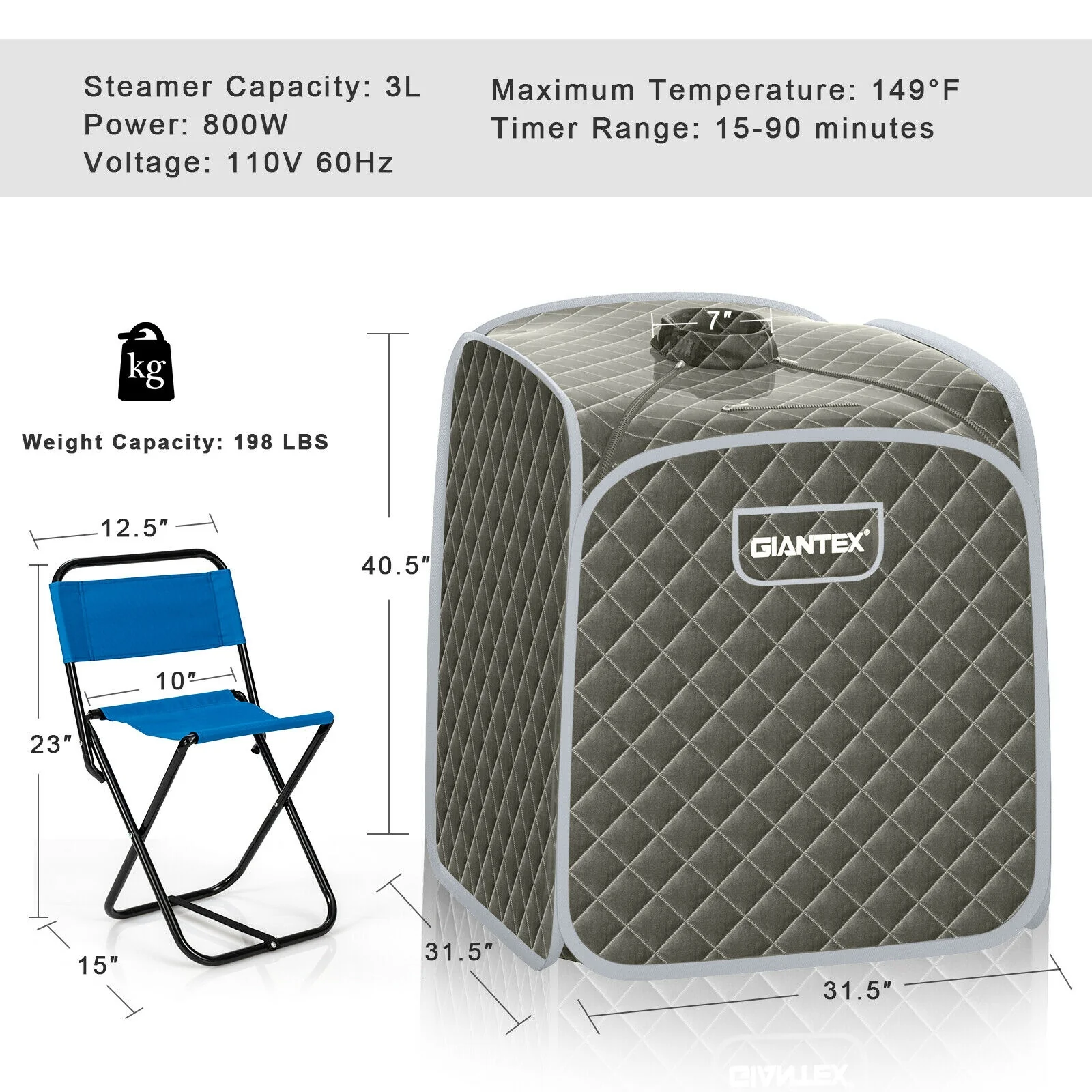 Portable Steam Sauna Spa With Steamer Chair, Gray - Image 5