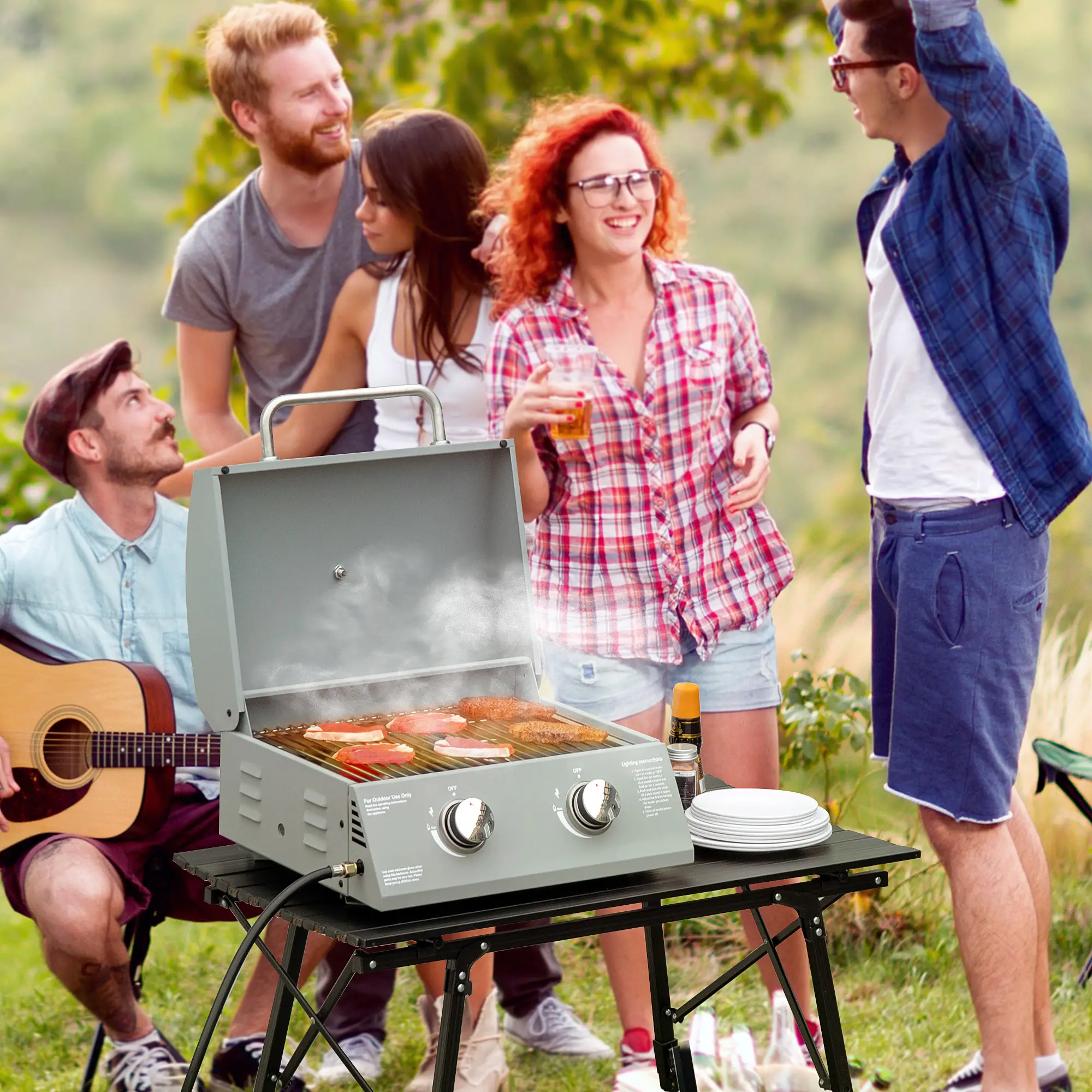 Portable Tabletop Propane Gas Grill, 2 Burner, Foldable Legs, Silver - Image 2