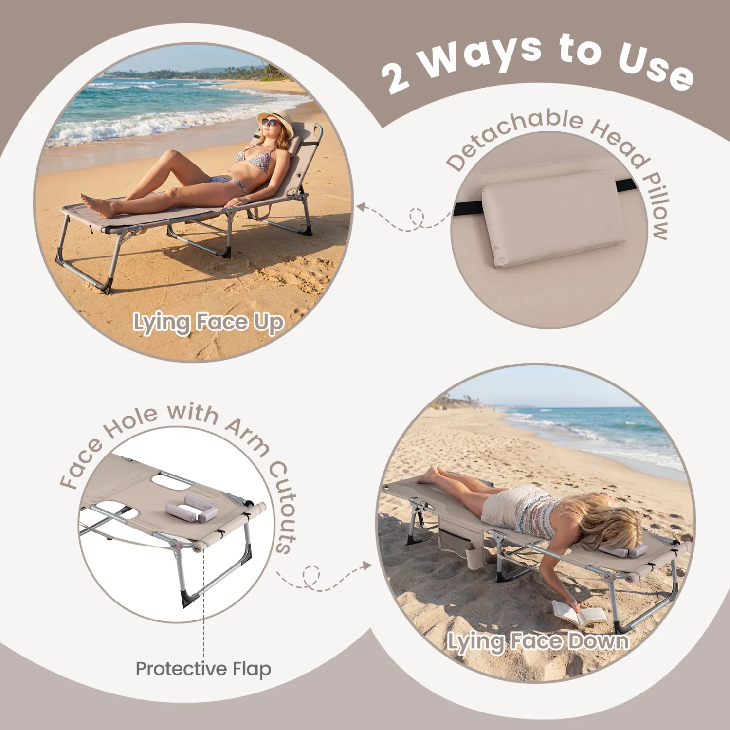 Portable Tanning Chair With Face Arm Holes, Beige - Image 7