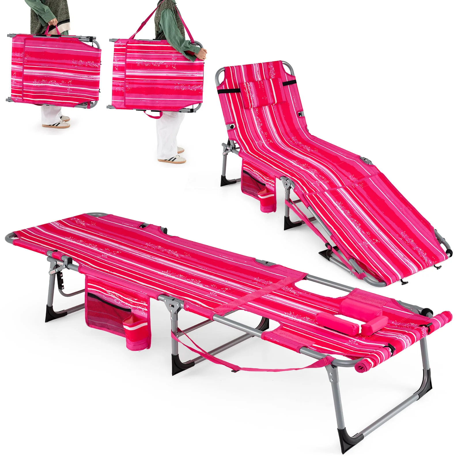 Portable Tanning Chair With Face Arm Holes Strip, Pink - Image 4