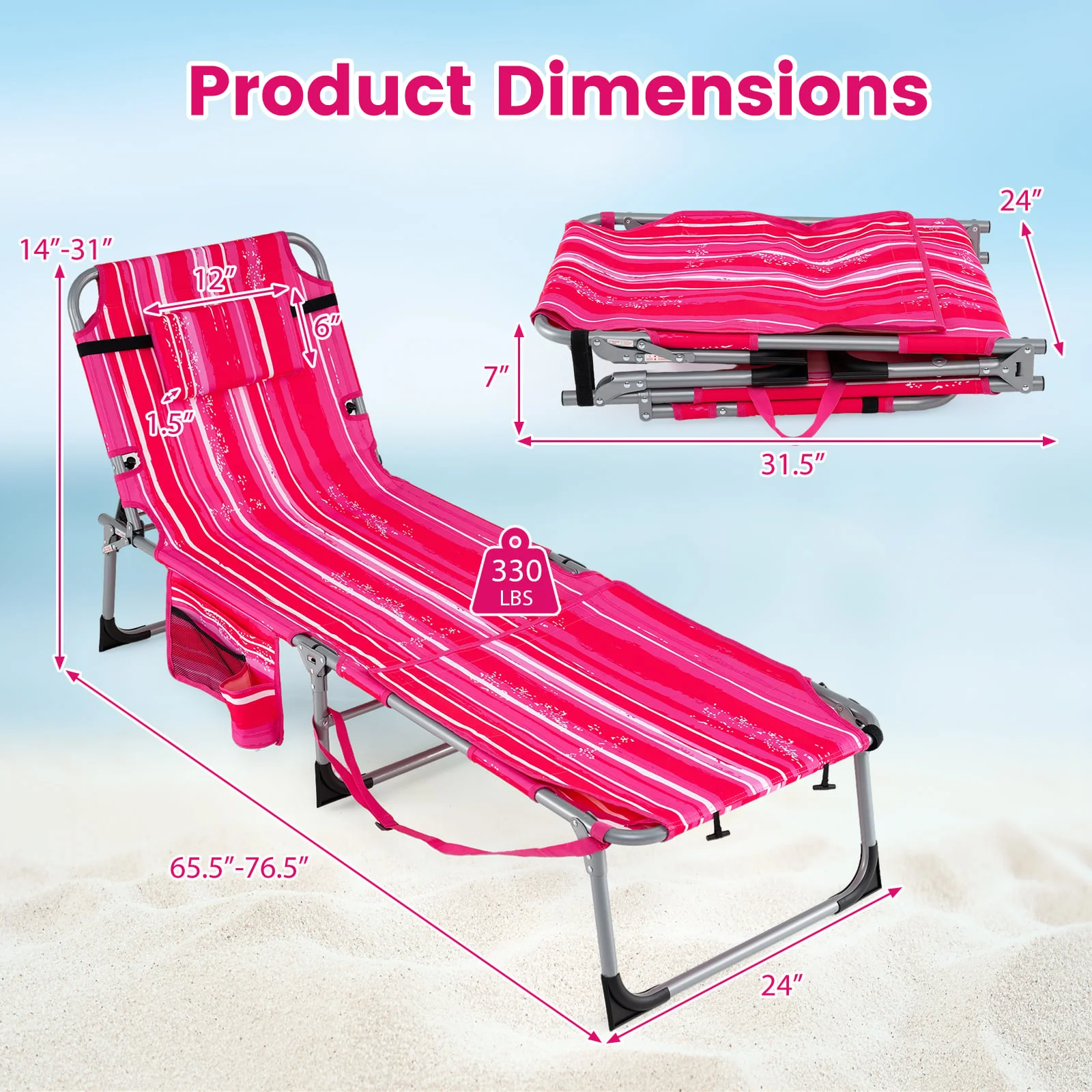 Portable Tanning Chair With Face Arm Holes Strip, Pink - Image 5