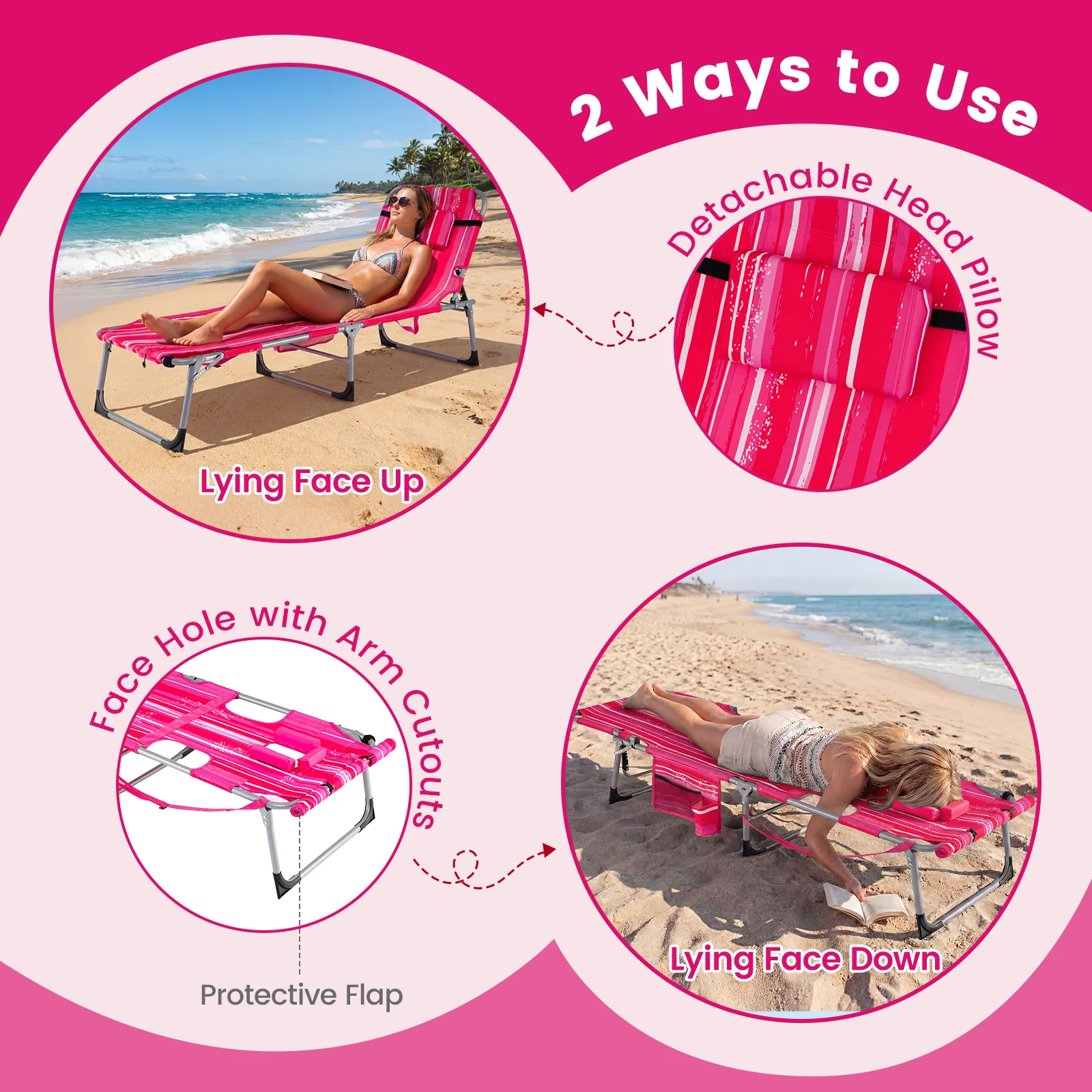 Portable Tanning Chair With Face Arm Holes Strip, Pink - Image 7