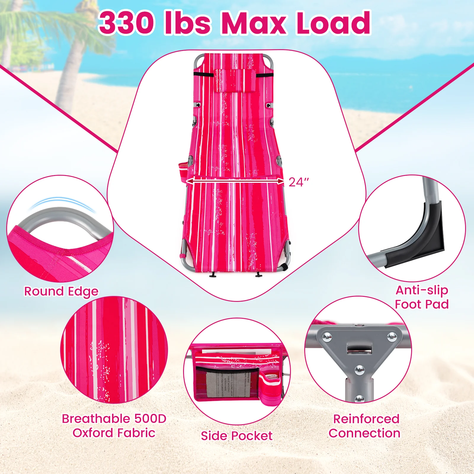 Portable Tanning Chair With Face Arm Holes Strip, Pink - Image 8
