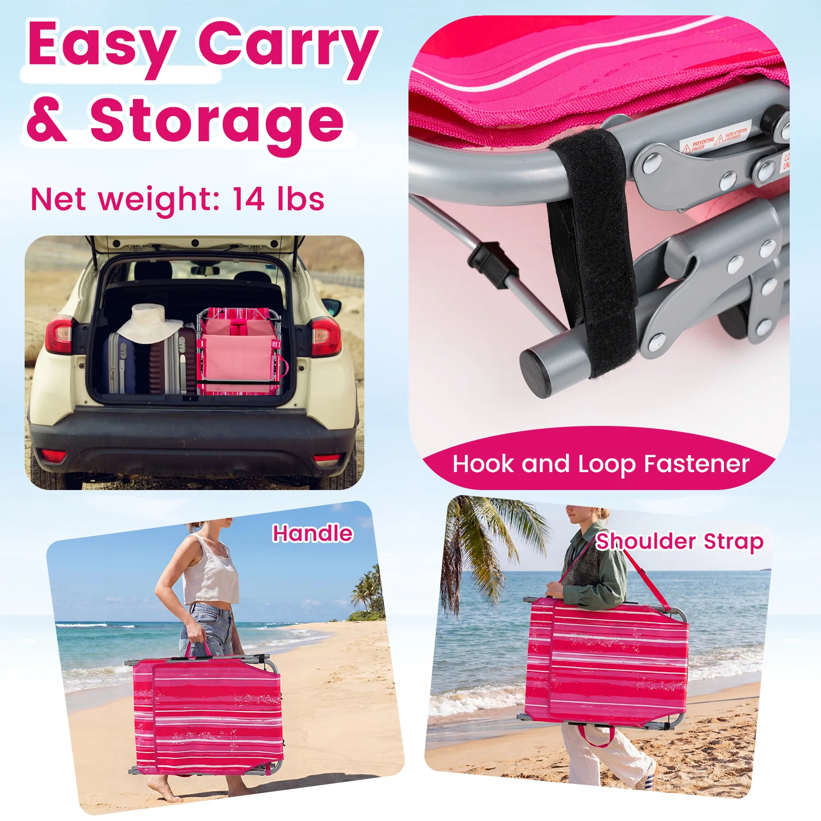 Portable Tanning Chair With Face Arm Holes Strip, Pink - Image 9