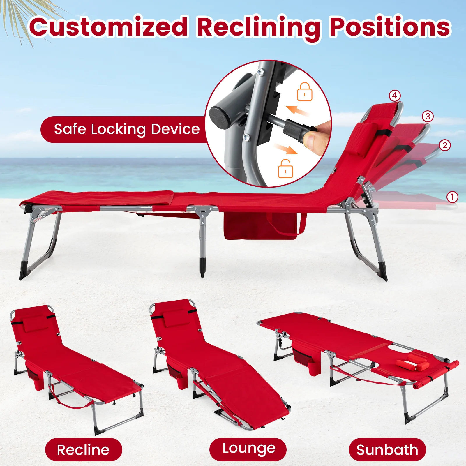 Portable Tanning Chairs, Set of 2, 4-Level Backrest, Red - Image 6