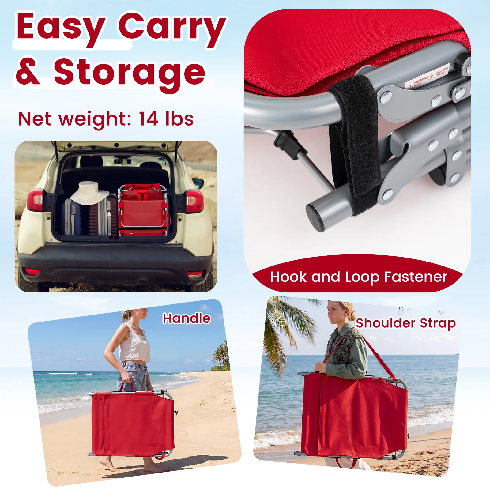 Portable Tanning Chairs, Set of 2, 4-Level Backrest, Red - Image 9