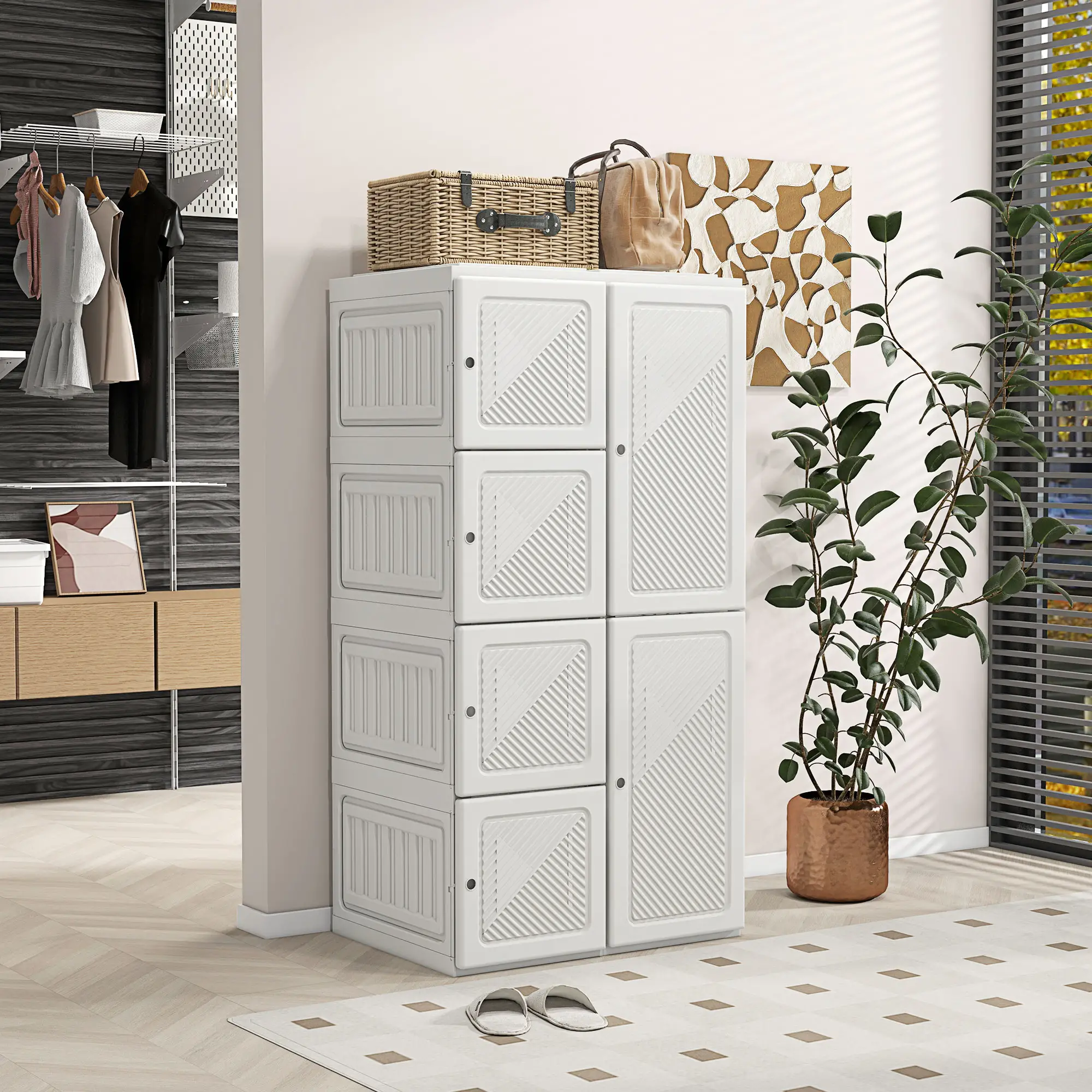 Portable Wardrobe, Foldable Clothes Organizer, 5 Compartments, Hanging Rod, White - Image 2