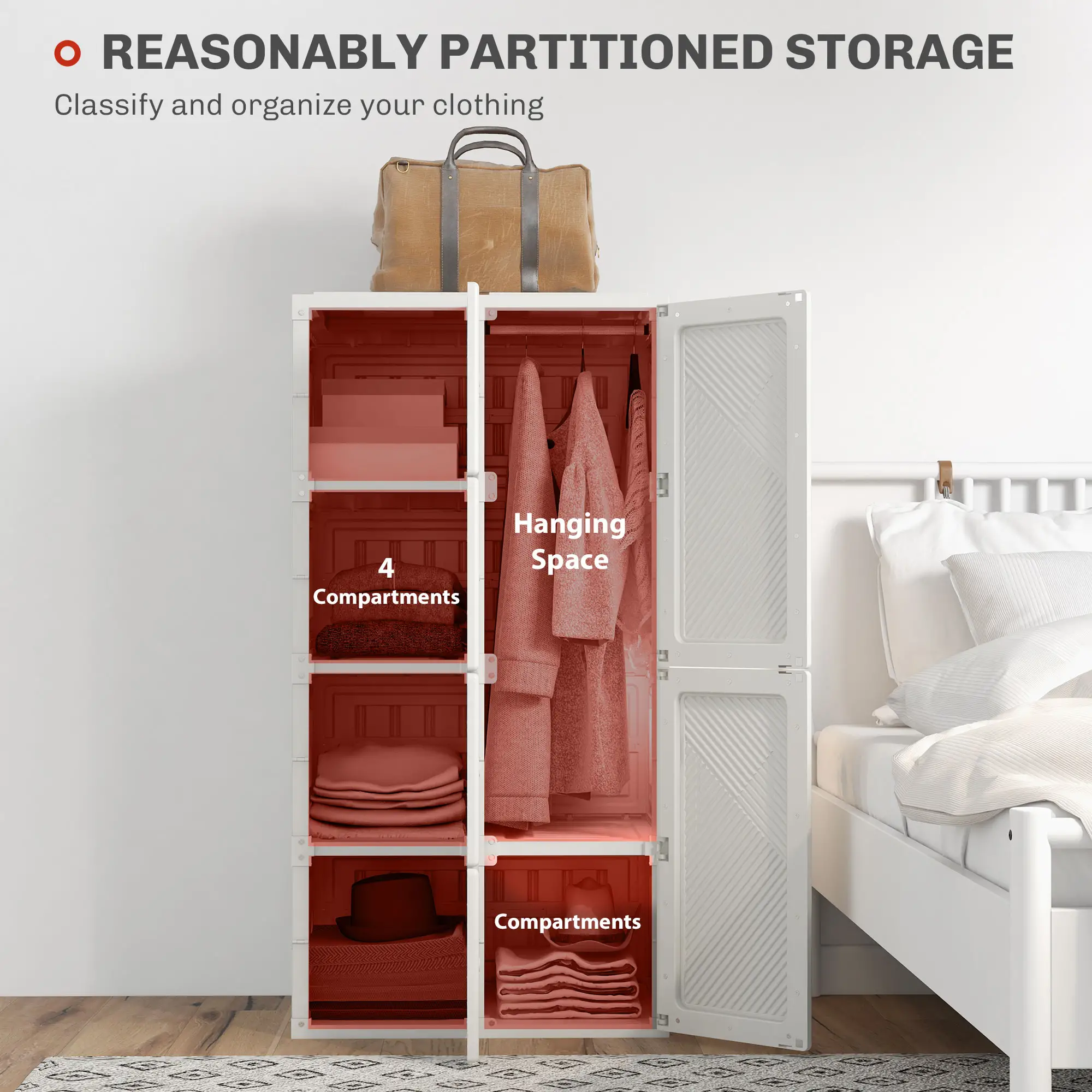 Portable Wardrobe, Foldable Clothes Organizer, 5 Compartments, Hanging Rod, White - Image 4