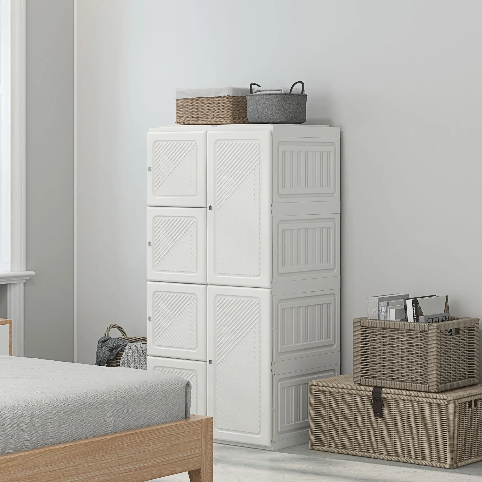Portable Wardrobe, Foldable Clothes Organizer, 5 Compartments, Hanging Rod, White - Image 8