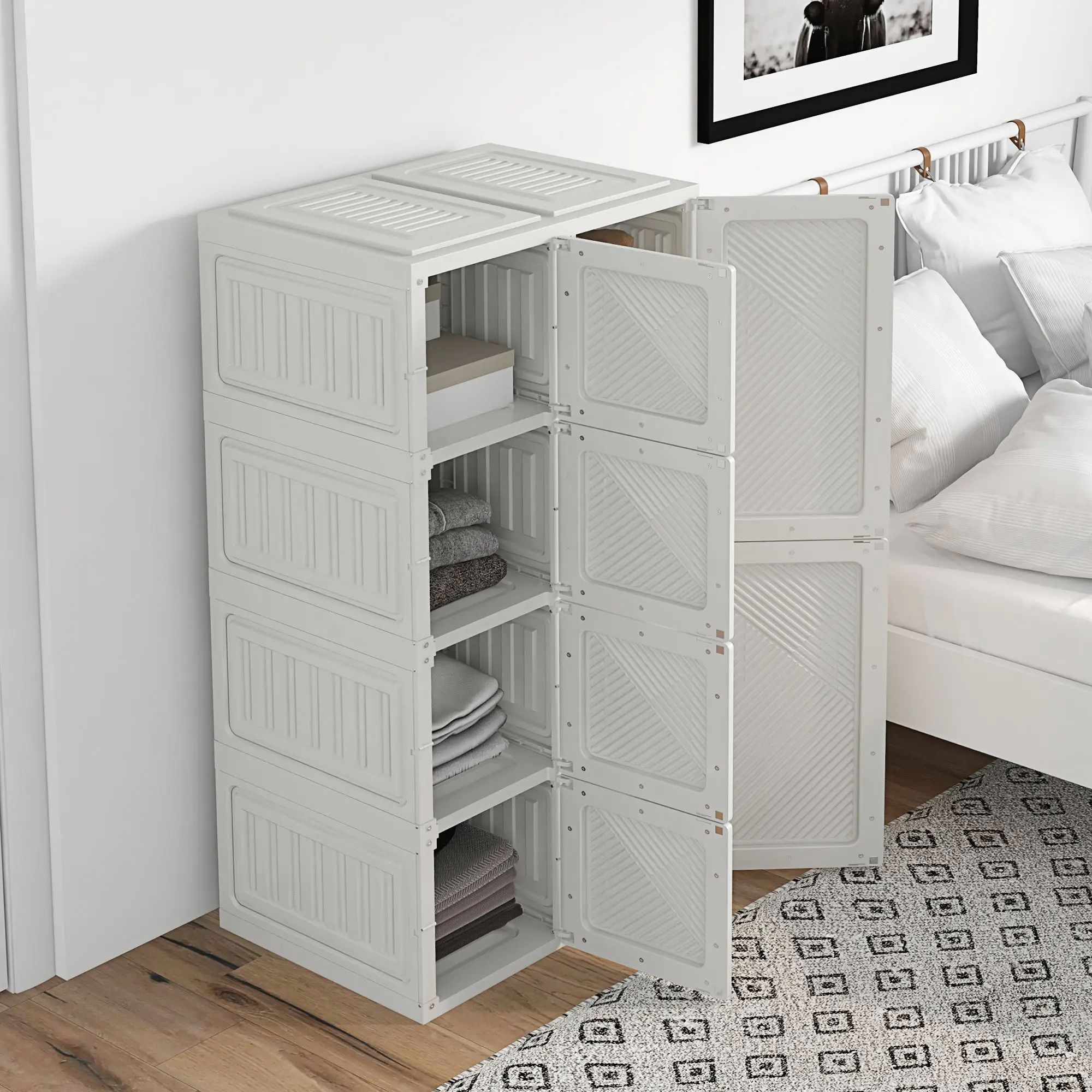 Portable Wardrobe, Foldable Clothes Organizer, 8 Compartments, Magnet Doors, White - Image 10