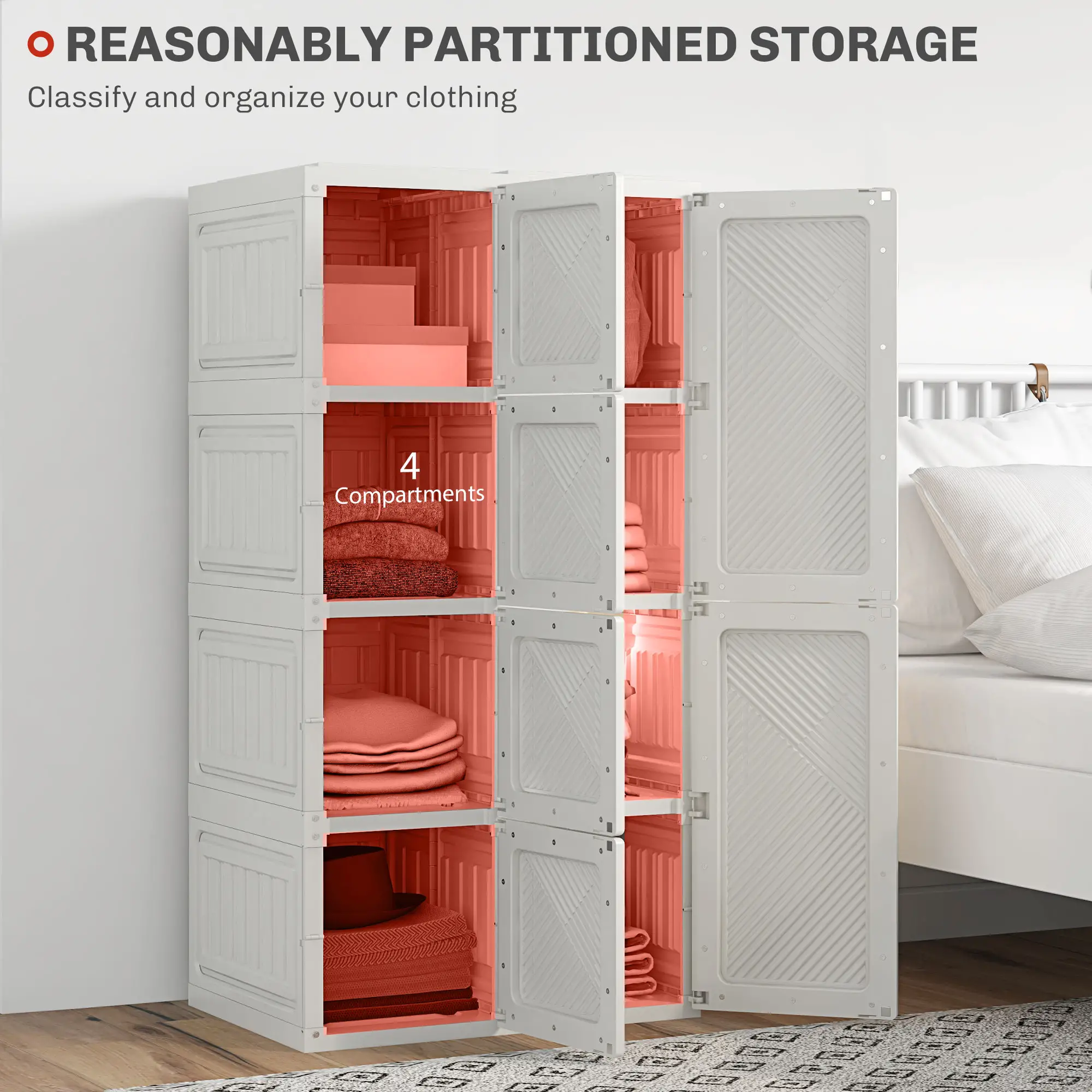 Portable Wardrobe, Foldable Clothes Organizer, 8 Compartments, Magnet Doors, White - Image 4