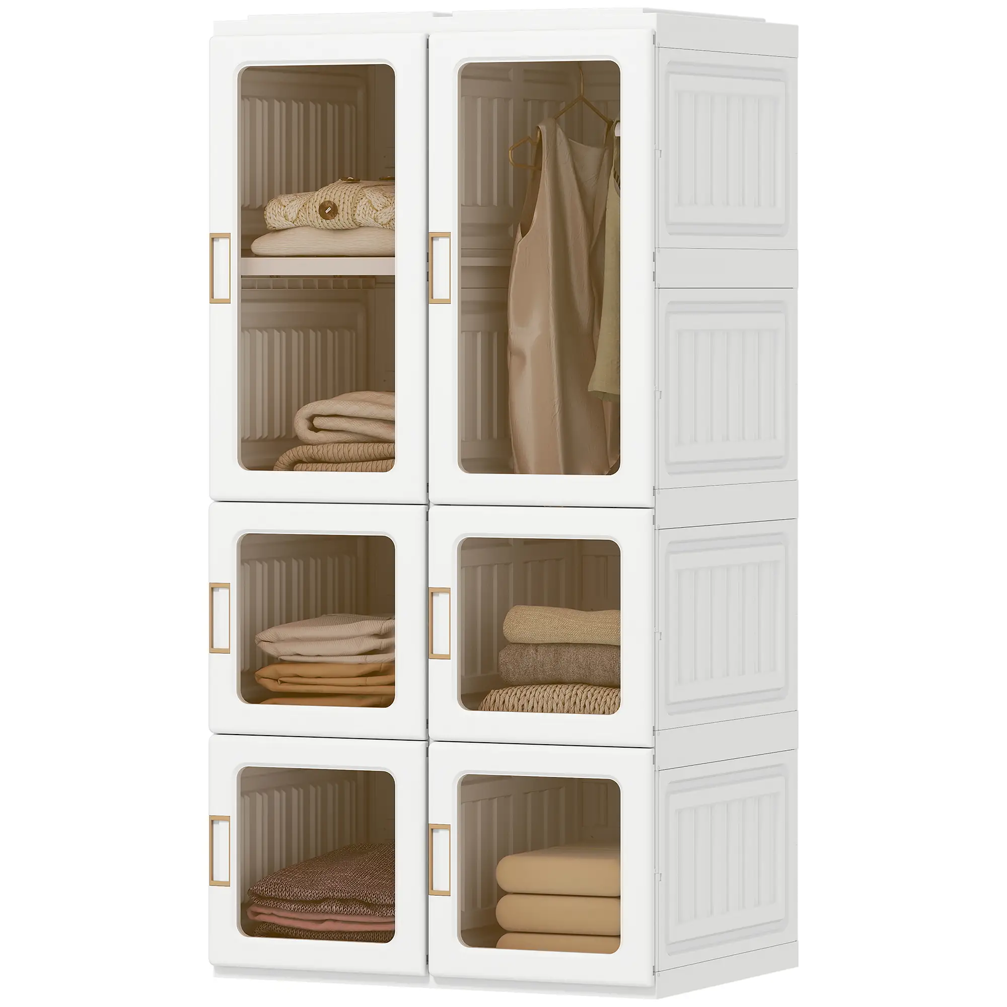 Portable Wardrobe, Foldable Plastic Closet, 5 Compartments, Hanging Rod, White