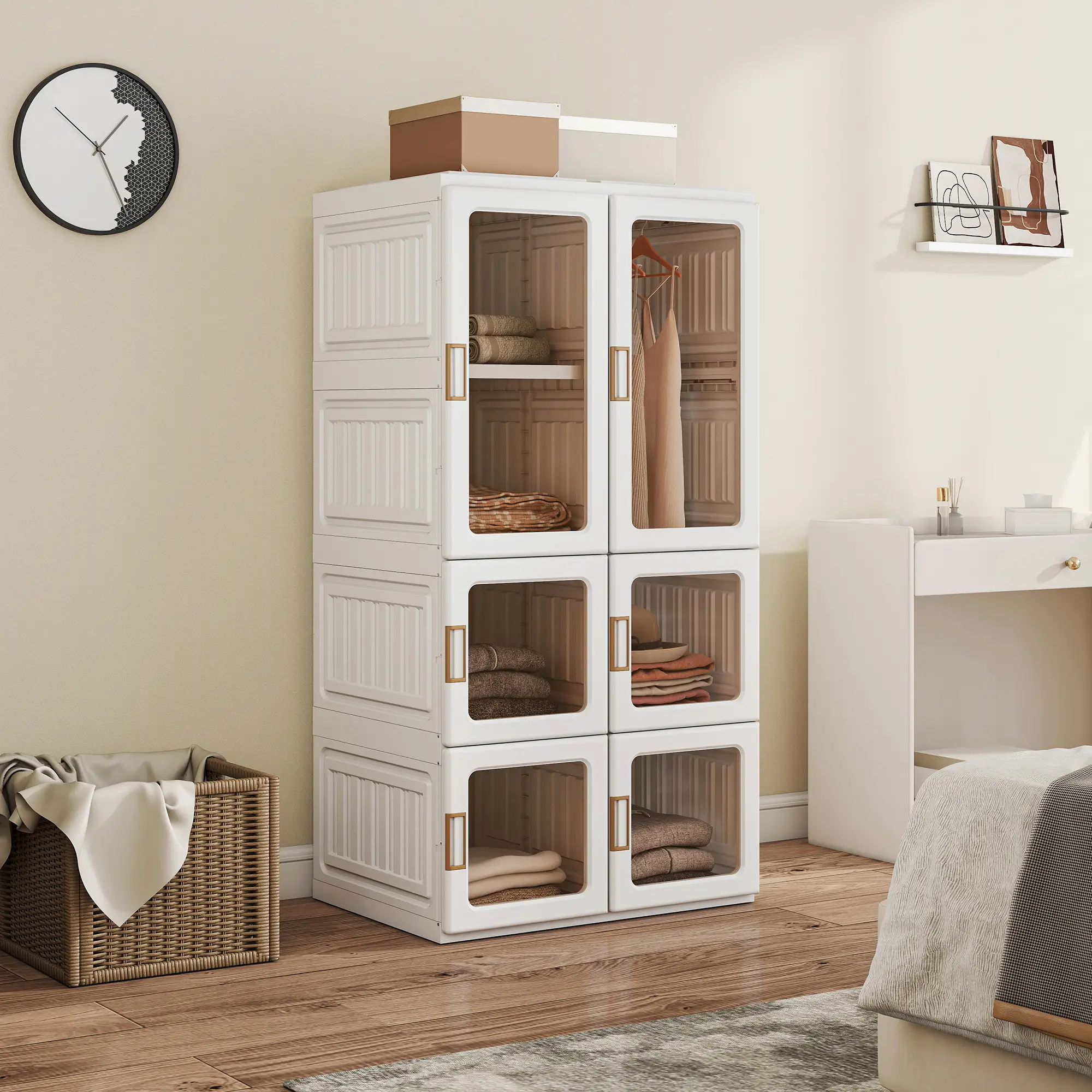 Portable Wardrobe, Foldable Plastic Closet, 5 Compartments, Hanging Rod, White - Image 2